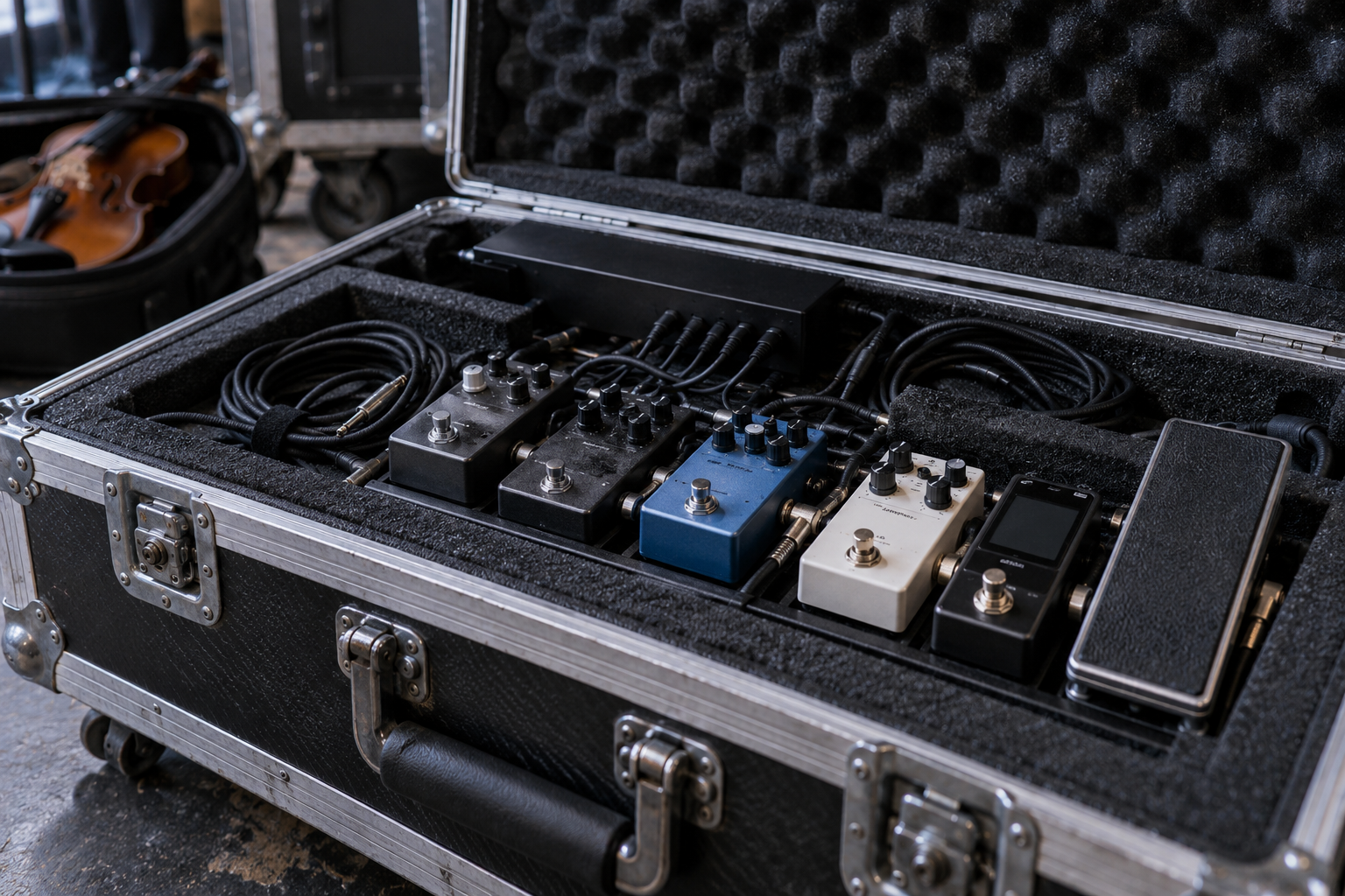 Foam-lined road case protecting generic electric violin effects pedals and power supply