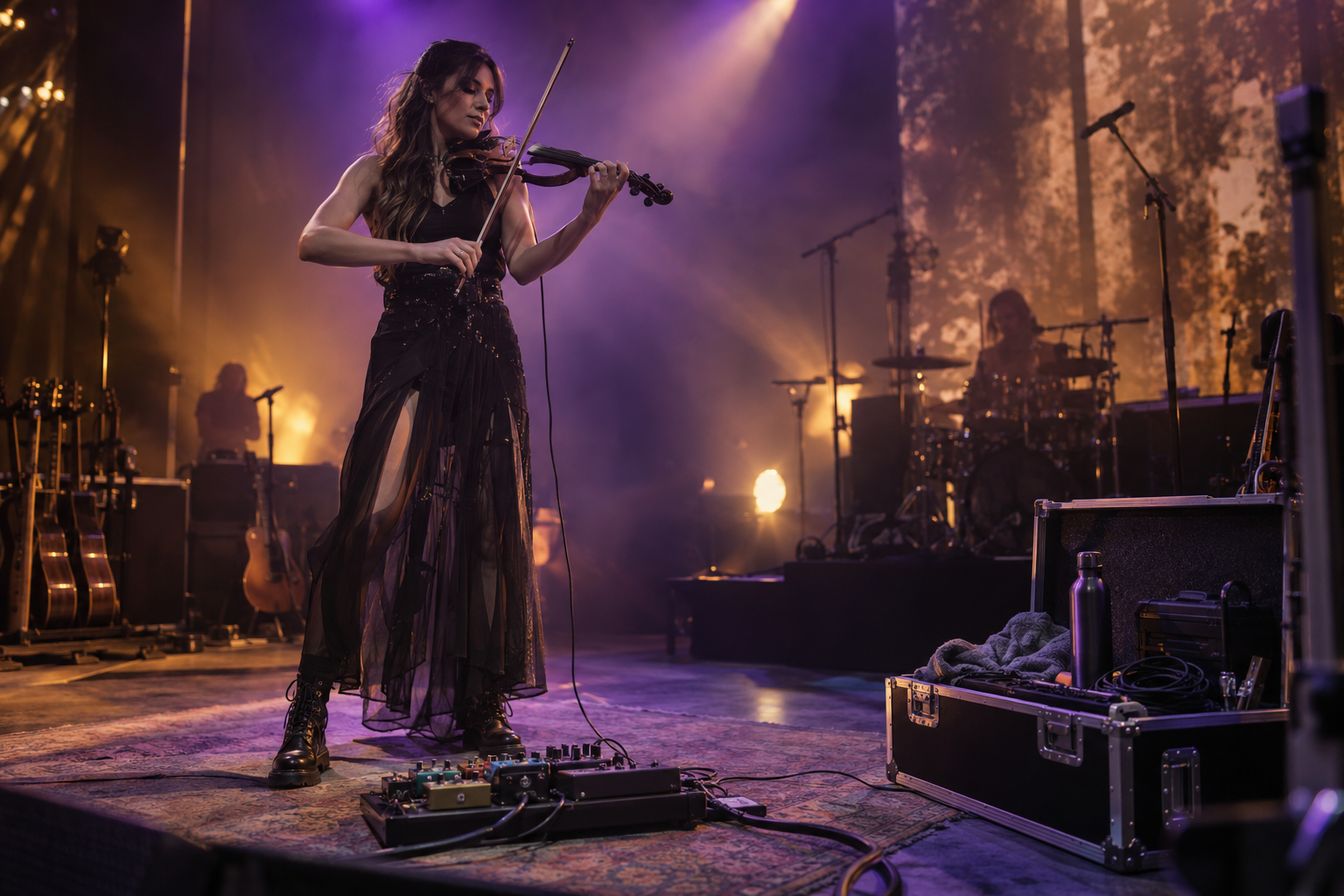 Electric violin performer playing live with compact protected pedalboard rig under concert lights