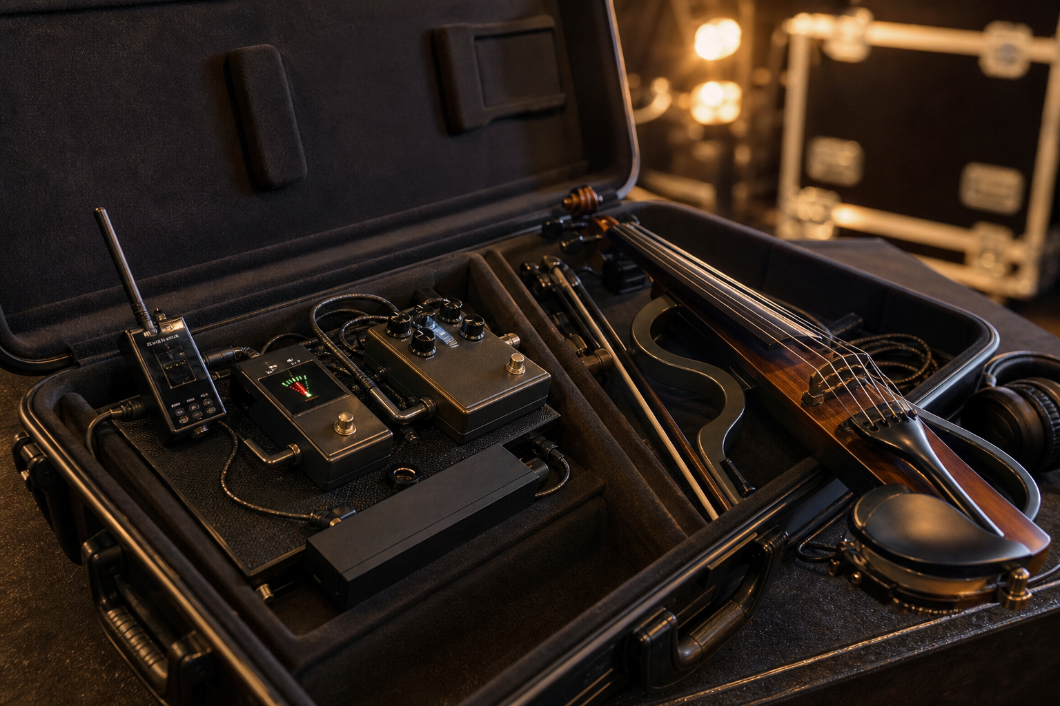 Малък fly-date electric violin борд с wireless receiver, tuner, reverb педал и slim under-board захранване в отворен калъф