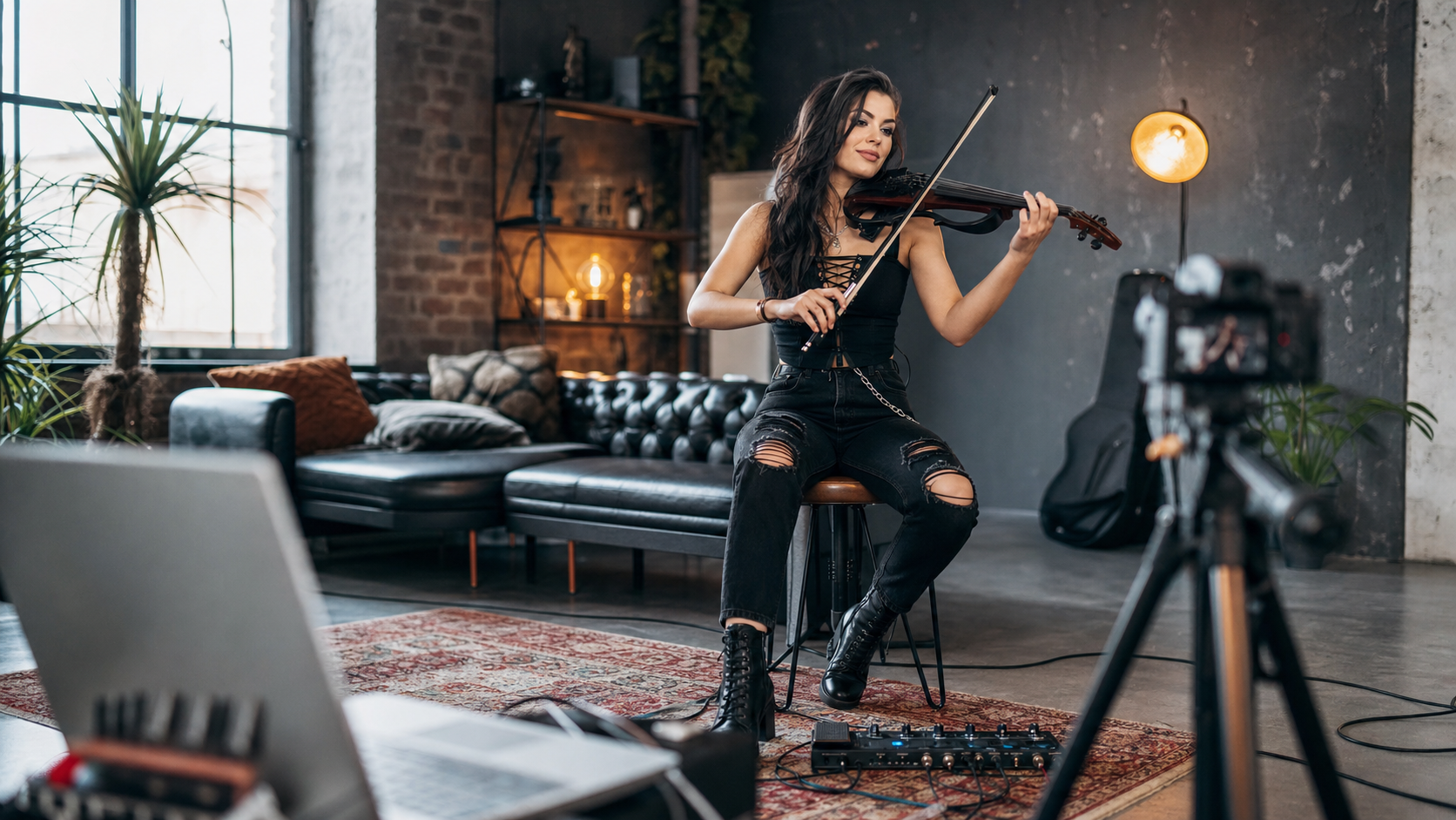 Electric violin content creator снима performance в студио с компактен педалборд и камера