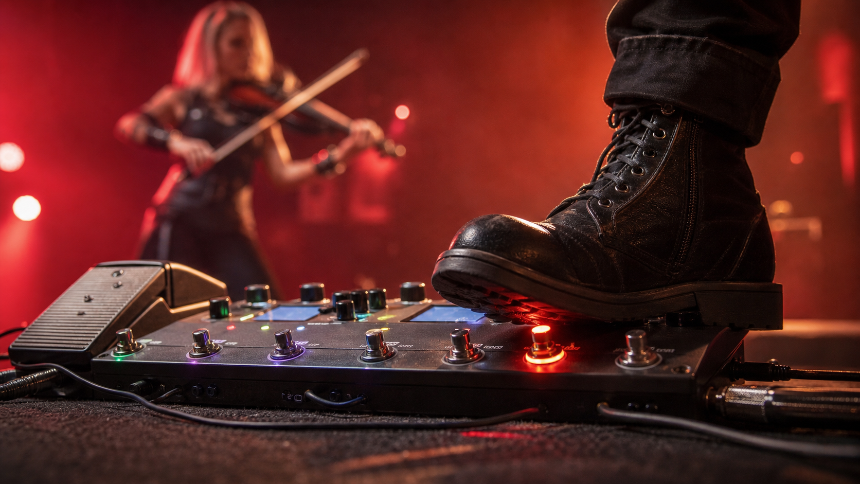 Близък кадър на ботуш върху осветен педалборд по време на electric violin сет на сцена