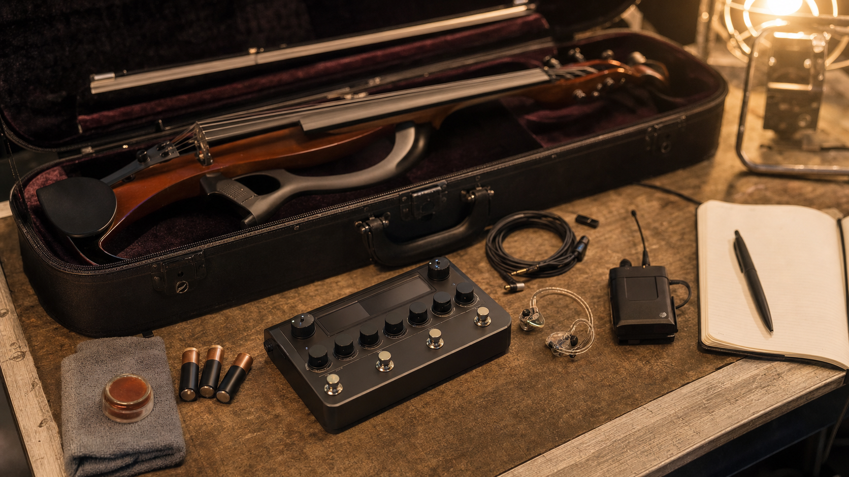 Отворен калъф за electric violin върху маса до компактен effects board, in-ear монитори, батерии и бележник за участие