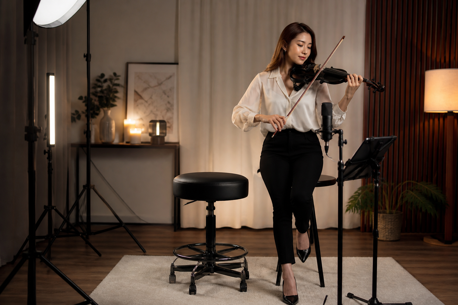 Electric violin livestream setup с premium сценичен stool, цигулка, микрофон, tablet mount и мека студийна светлина за content creation
