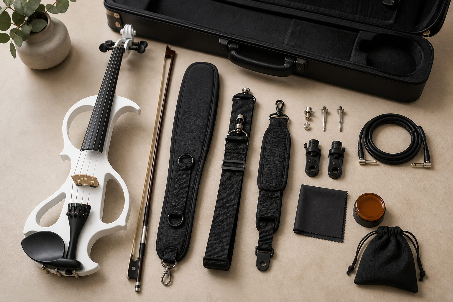 Top-down layout of a self-supporting white electric violin with padded straps, strap-lock hardware, cable, bow, and stage accessories