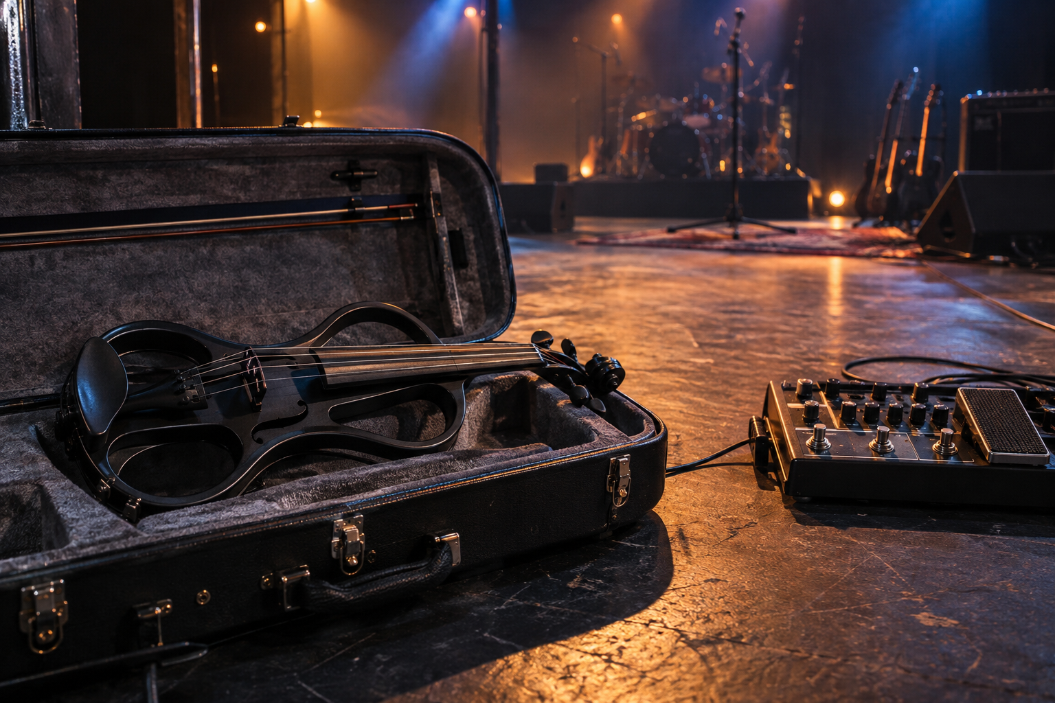 Black electric violin in an open case beside a phaser pedalboard on an amber and blue stage
