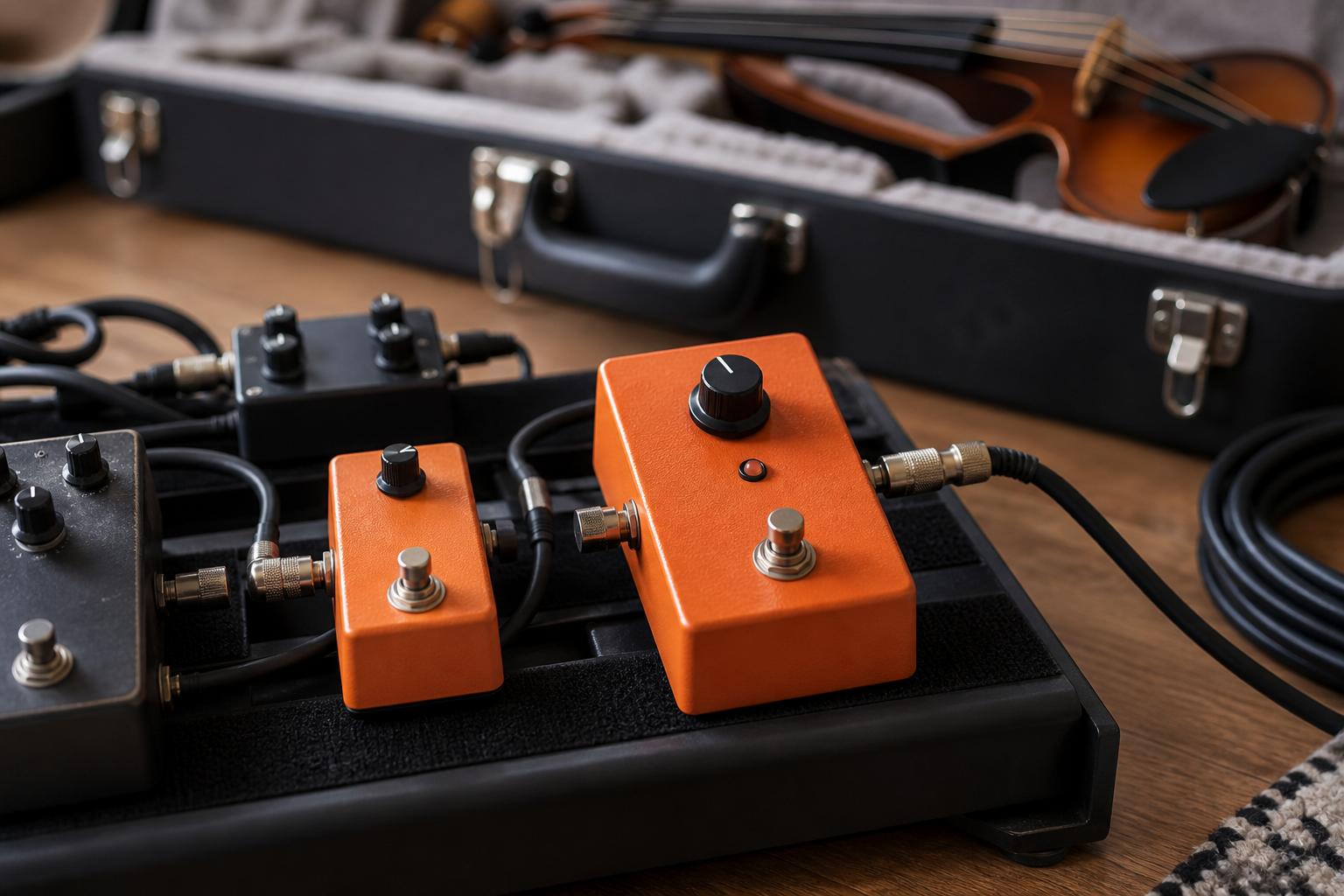 Two orange phaser style pedals with different enclosure sizes beside an open violin case