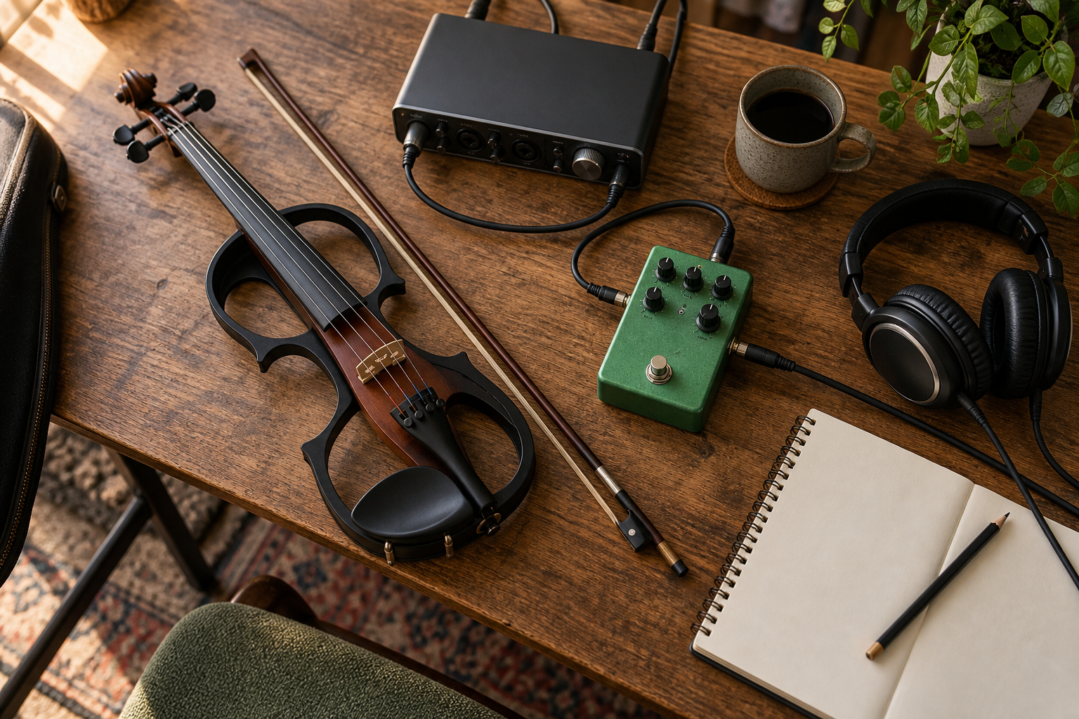 Electric violin recording desk with green modulation pedal, audio interface and headphones