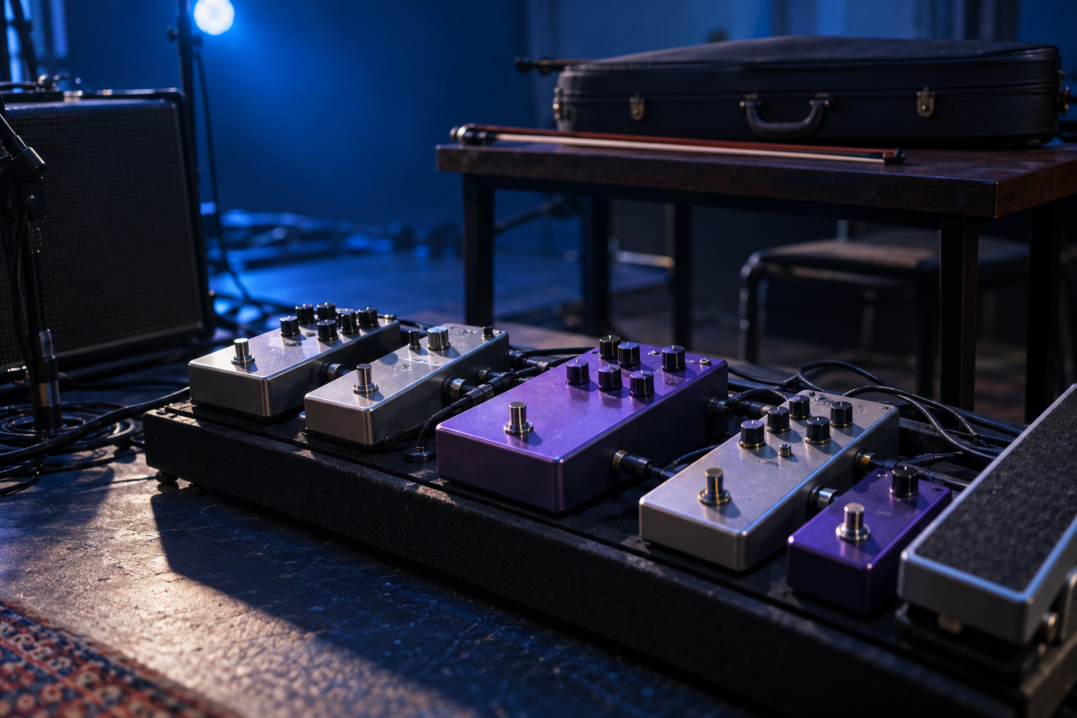 Silver and purple modulation pedals with accessible switches on an electric violin stage pedalboard