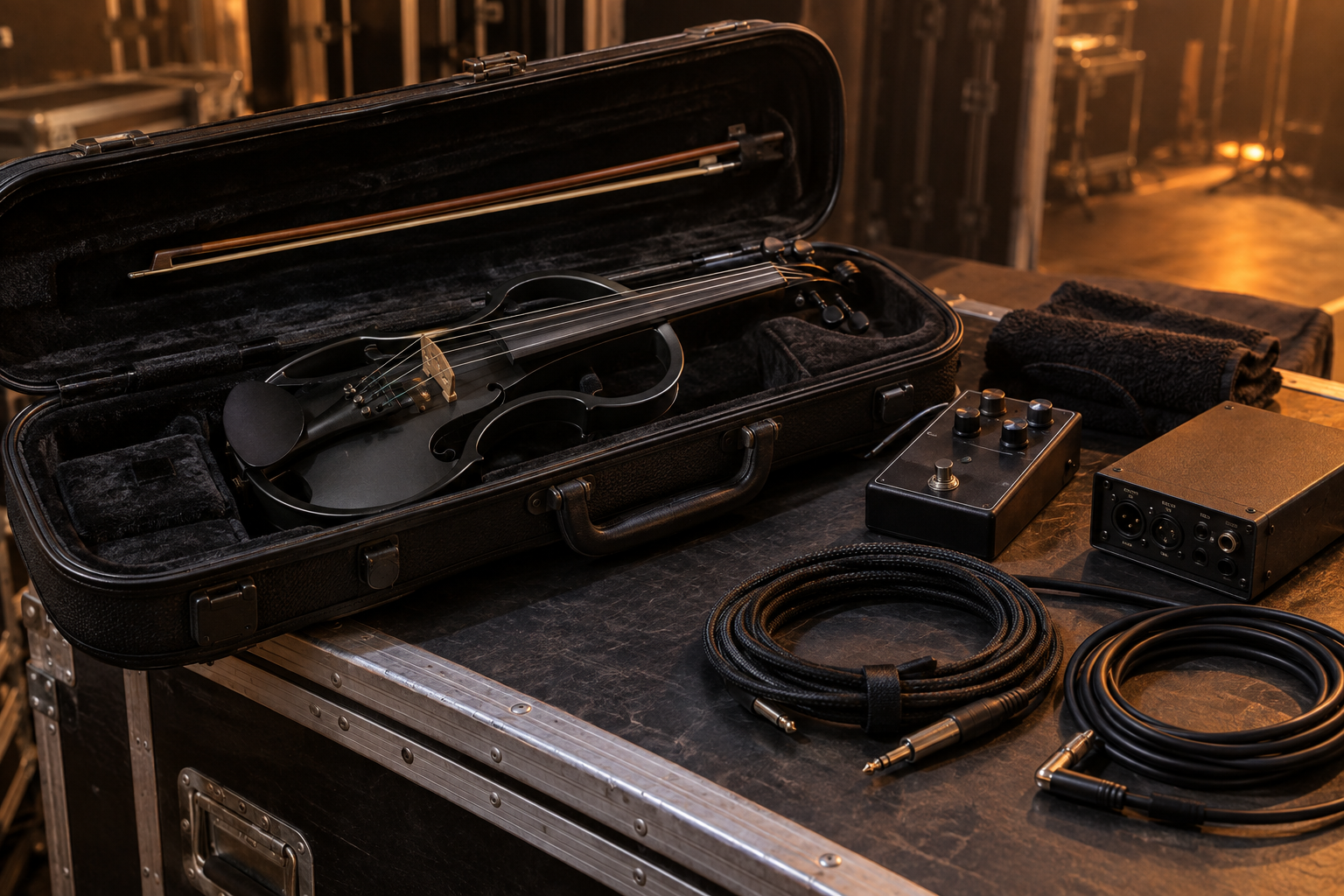 Electric violin in a padded case beside a phaser pedal, DI box and coiled cables backstage