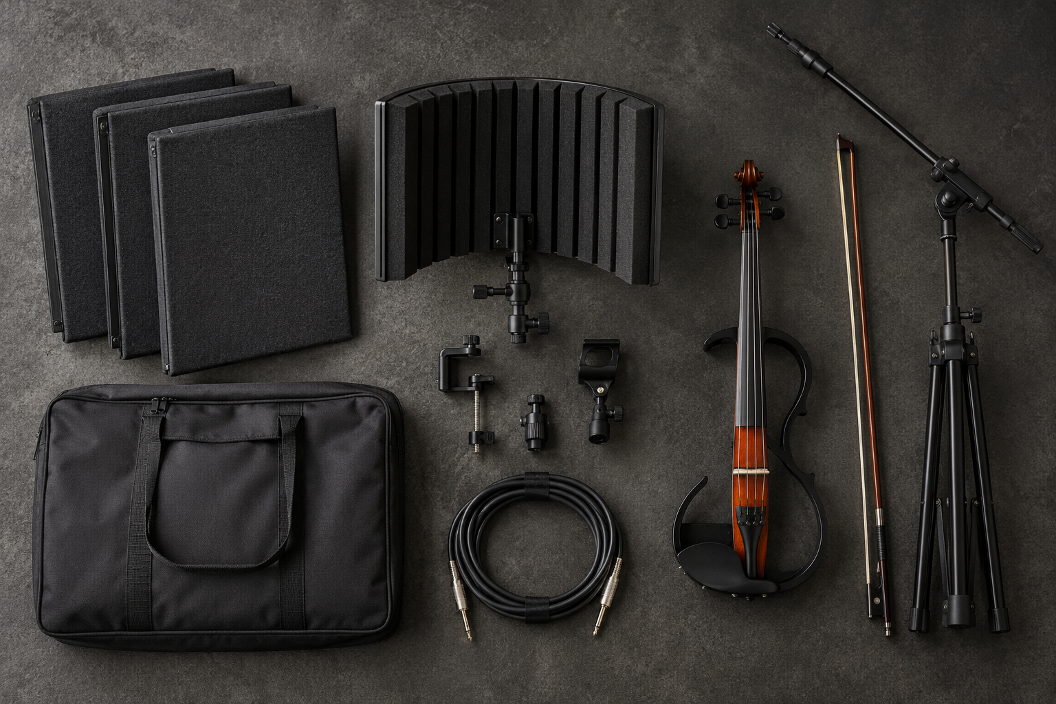 Близък electric violin микрофонен setup с преносим reflection filter в creator studio