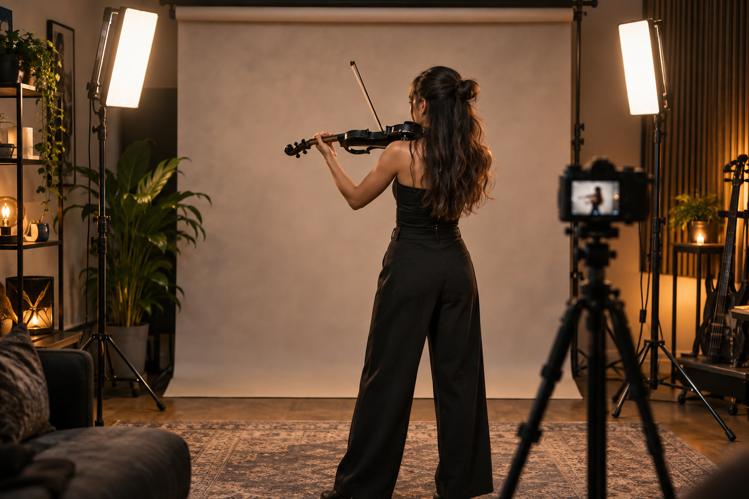 Electric violin performer filming a polished video before a portable studio backdrop