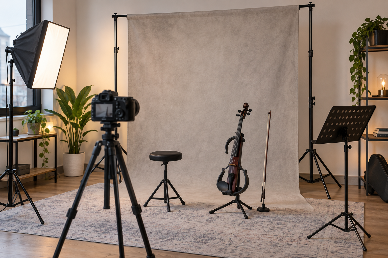 Neutral fabric backdrop on a collapsible frame in an electric violin filming studio