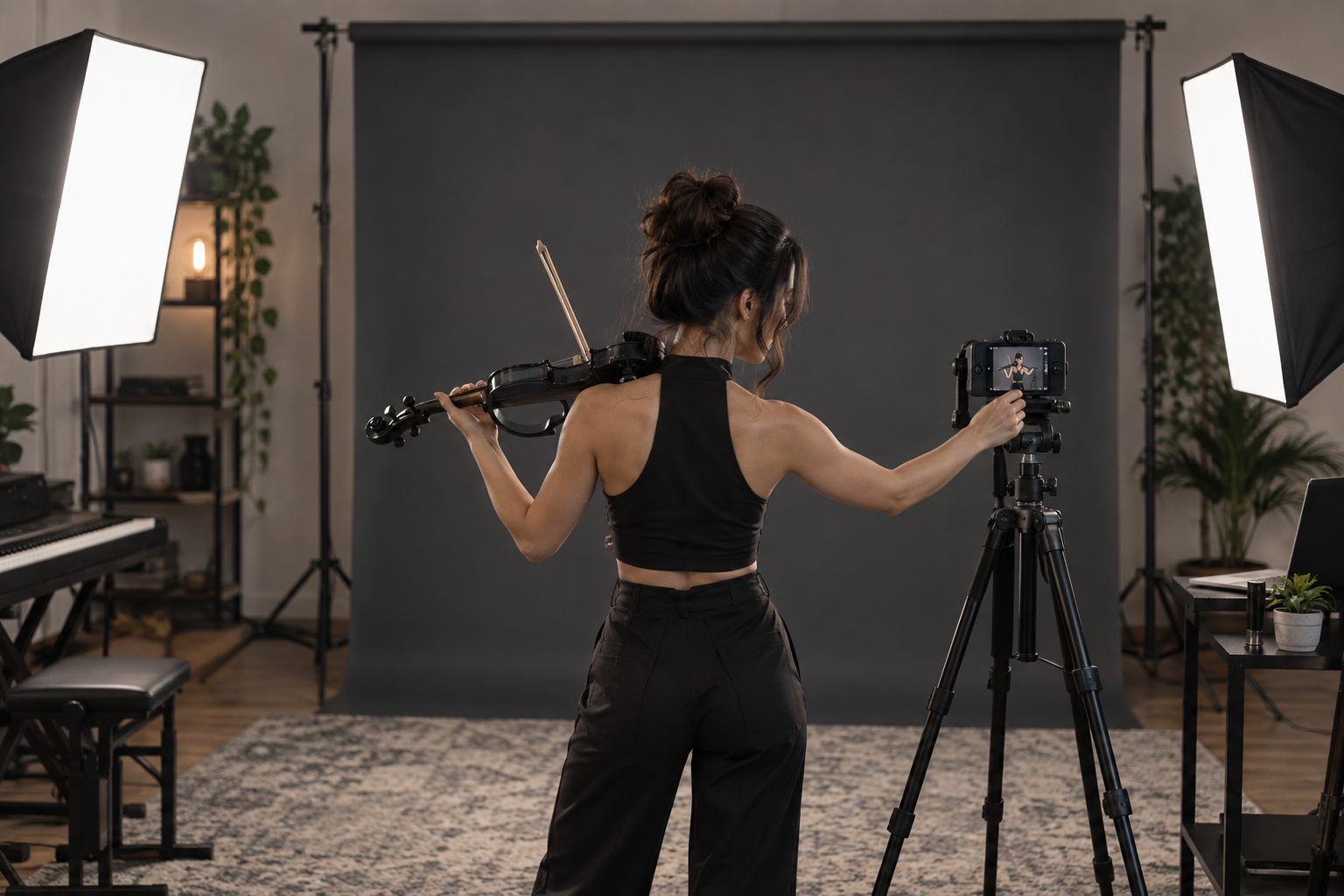 Electric violin artist adjusting camera framing before a charcoal portable fabric backdrop
