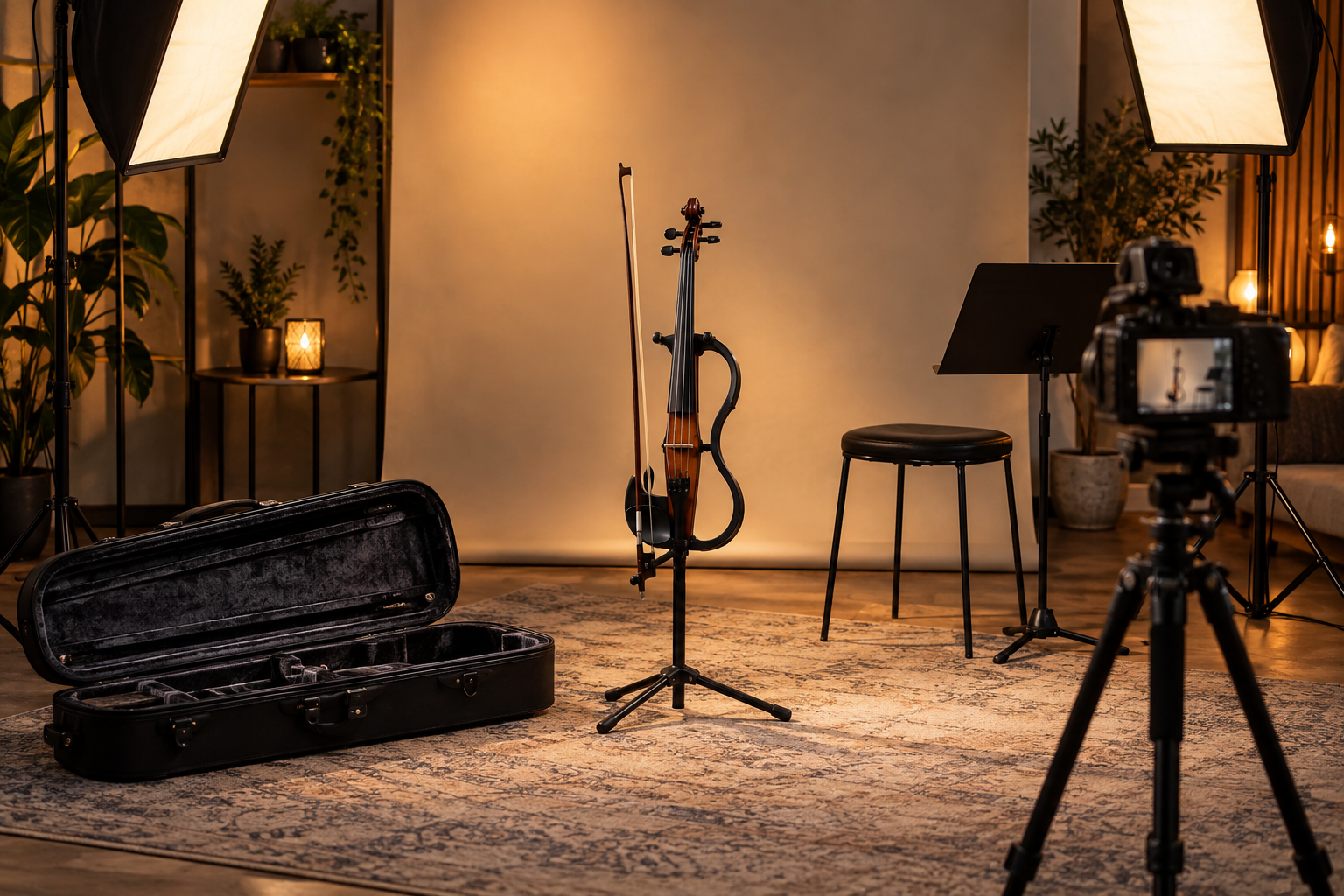 Finished electric violin content studio with portable backdrop camera and soft performance lights