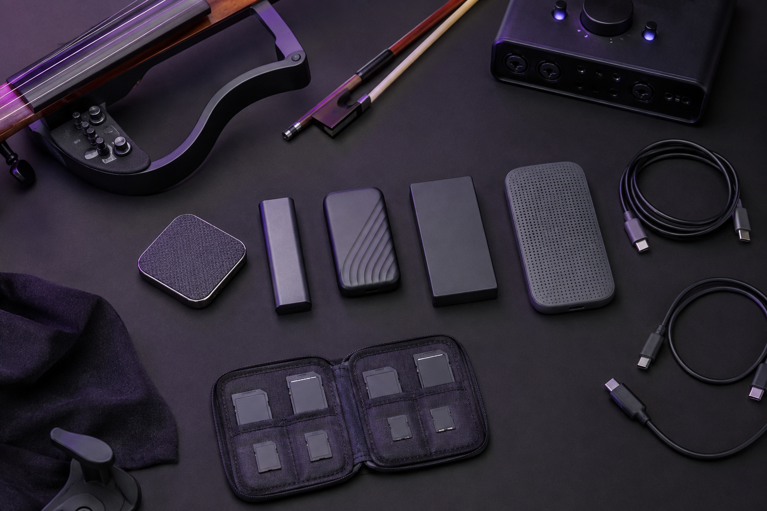 Portable SSD comparison beside an electric violin, audio interface, and USB-C cables