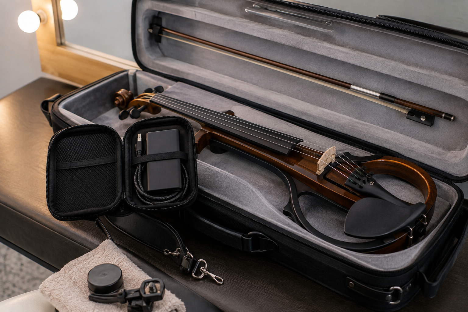 Portable SSD and USB-C cable protected inside an electric violin touring case