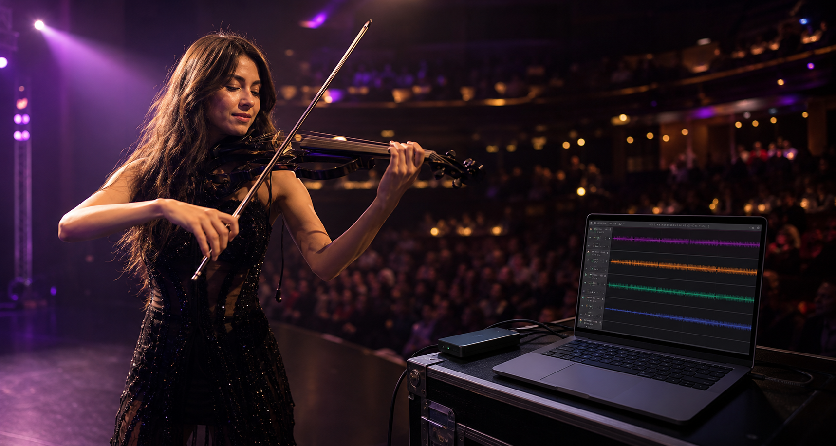 Electric violinist performing while a portable SSD supplies a tested backing-track laptop rig