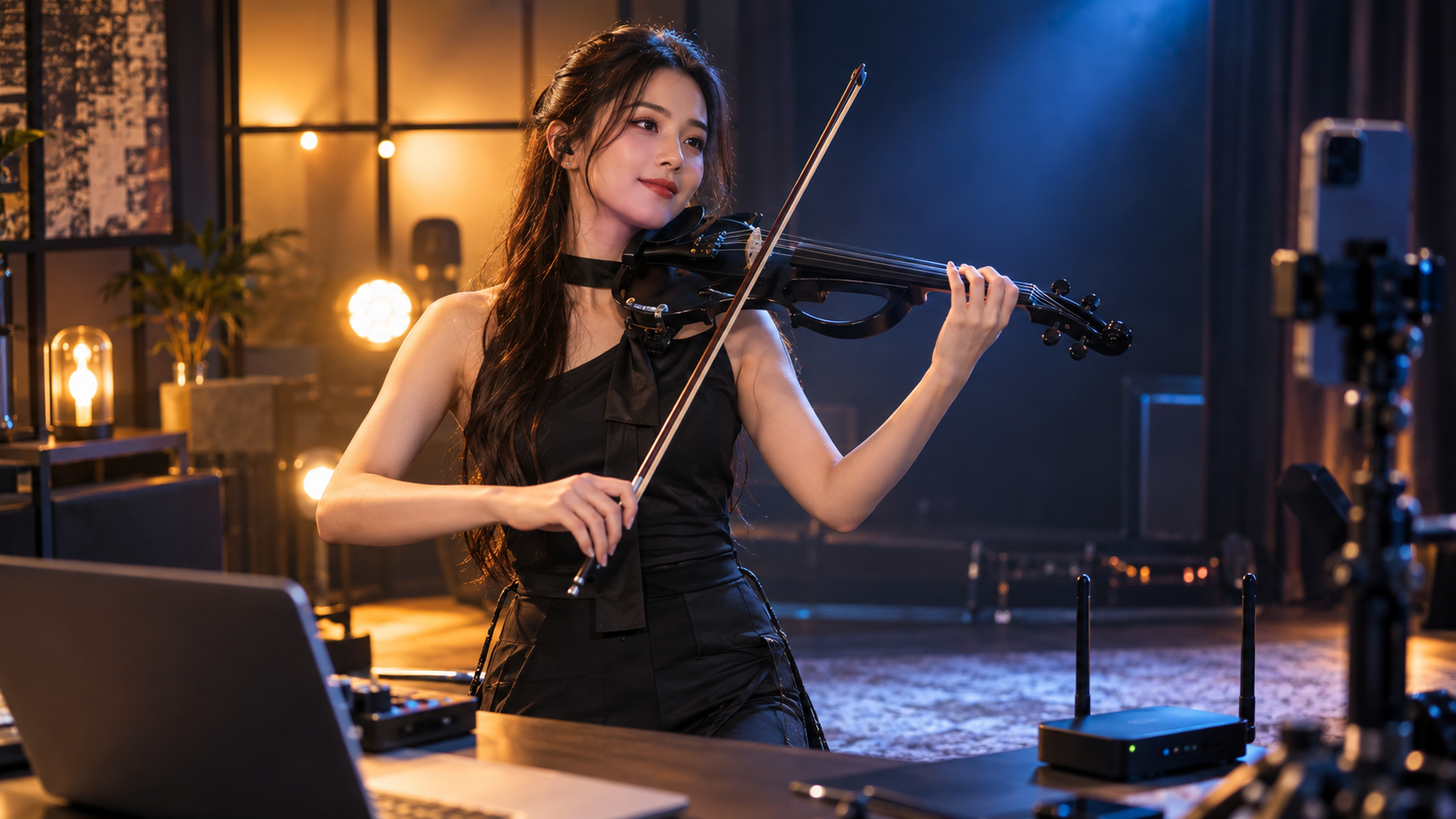 Изпълнителка на electric violin в livestream студио с компактен преносим Wi-Fi рутер