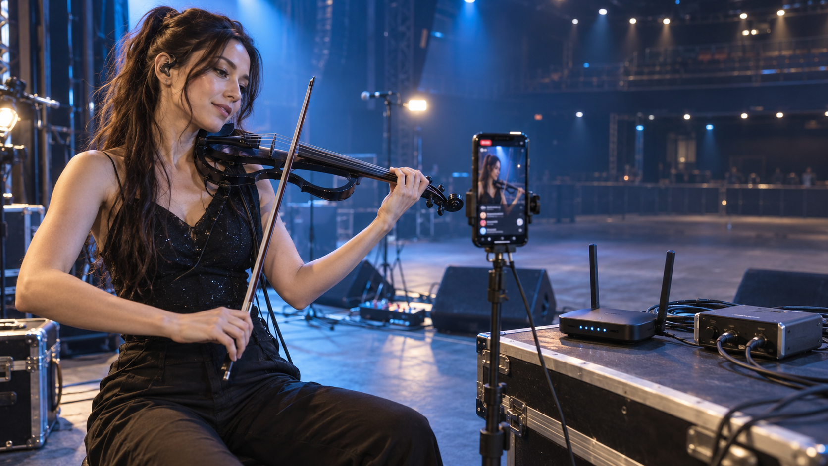 Electric violin изпълнителка тества livestream връзка на soundcheck в празна концертна зала
