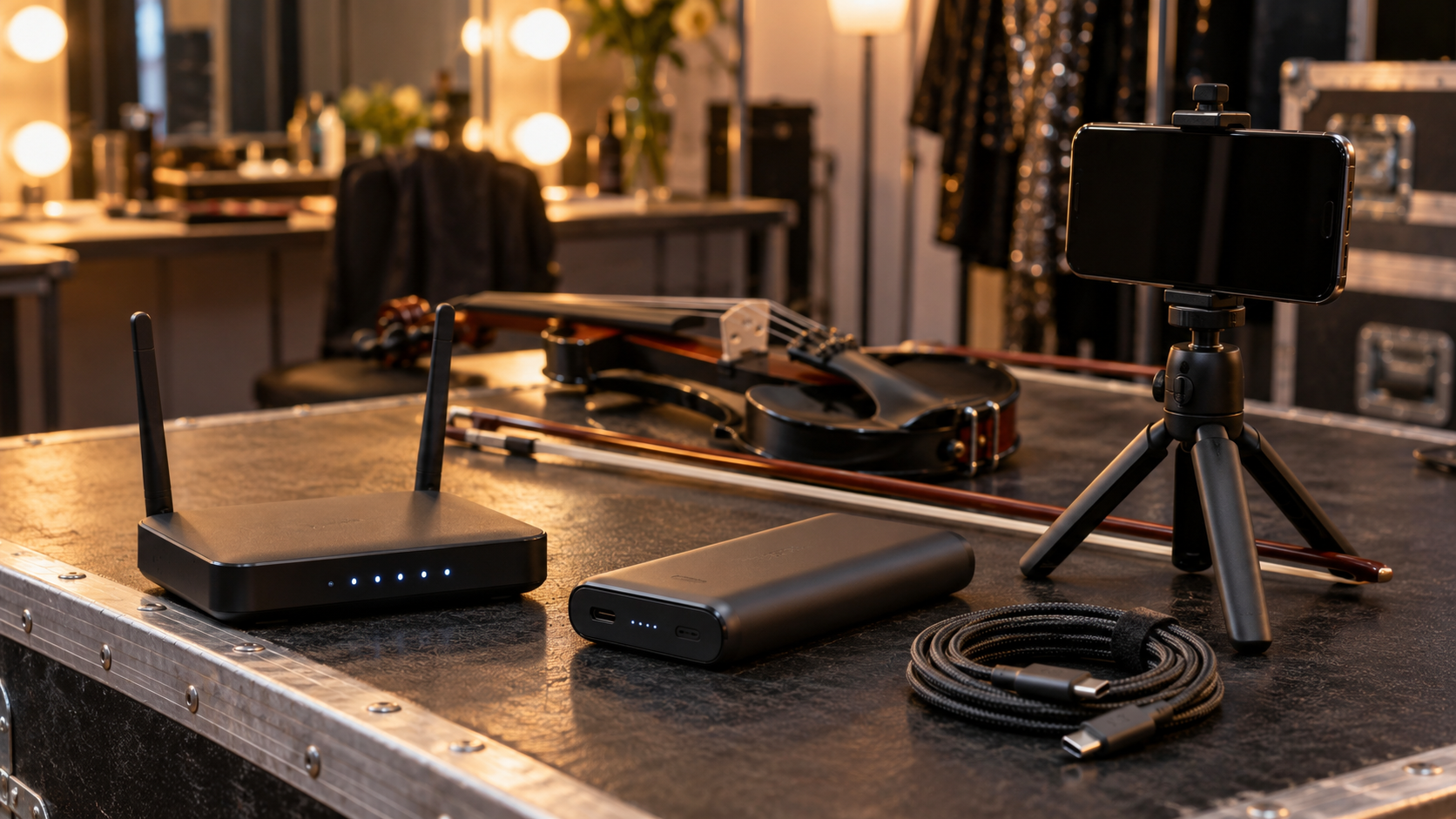 Преносим Wi-Fi рутер power bank и smartphone tripod върху road case за electric violin