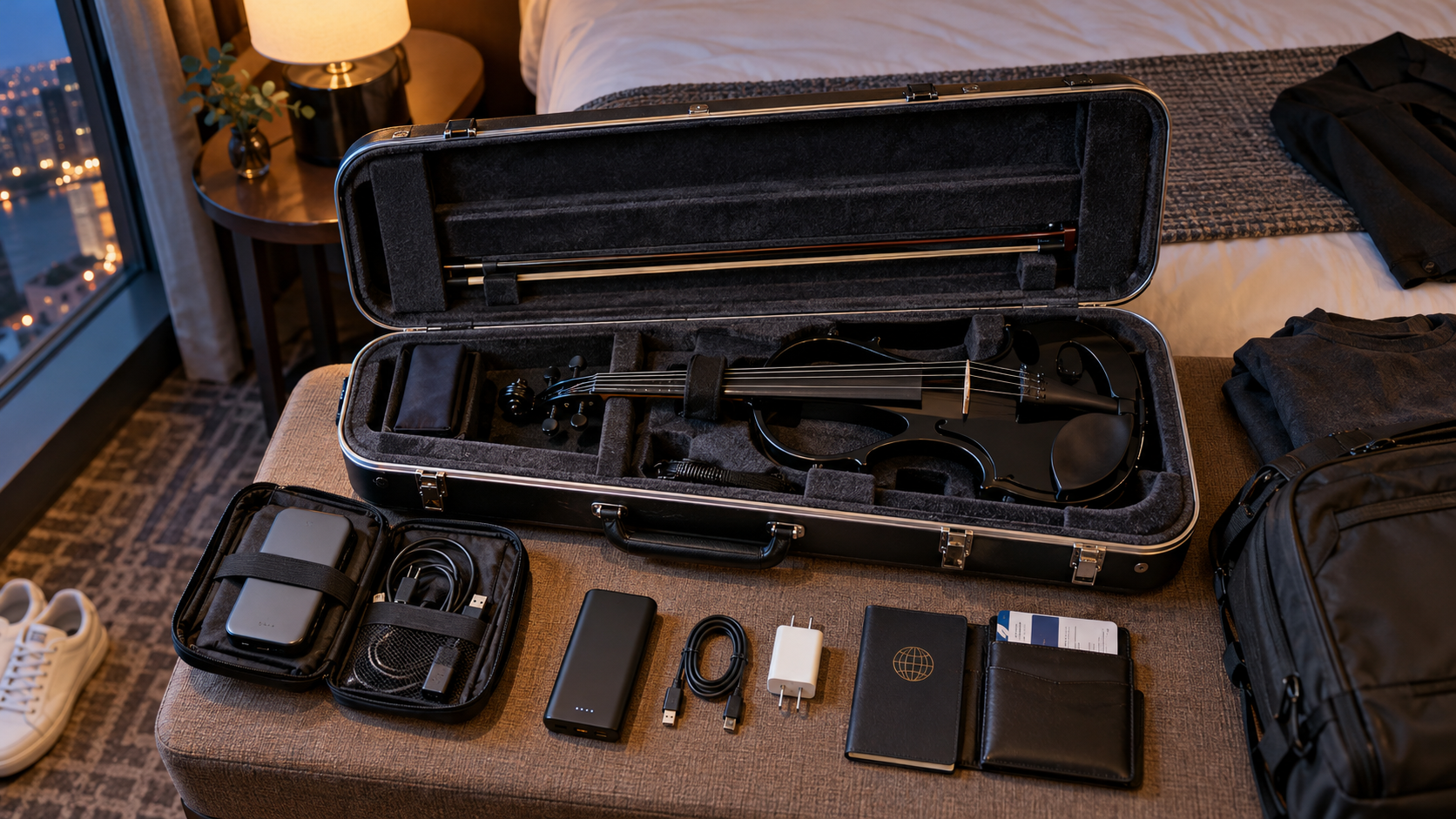 Черна electric violin в калъф за пътуване с рутер батерия и charging cables
