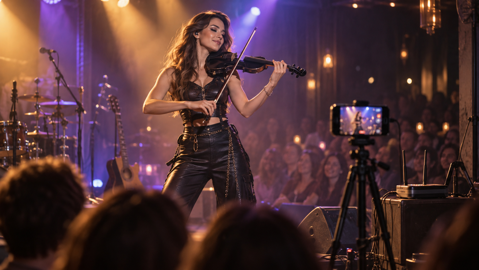 Electric violin изпълнителка на сцена със smartphone livestream камера и компактен Wi-Fi рутер