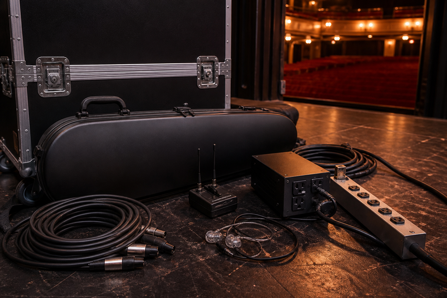 Backstage electric violin load-in с flight case power conditioner surge strip wireless pack и дълги навити XLR кабели на театралния под