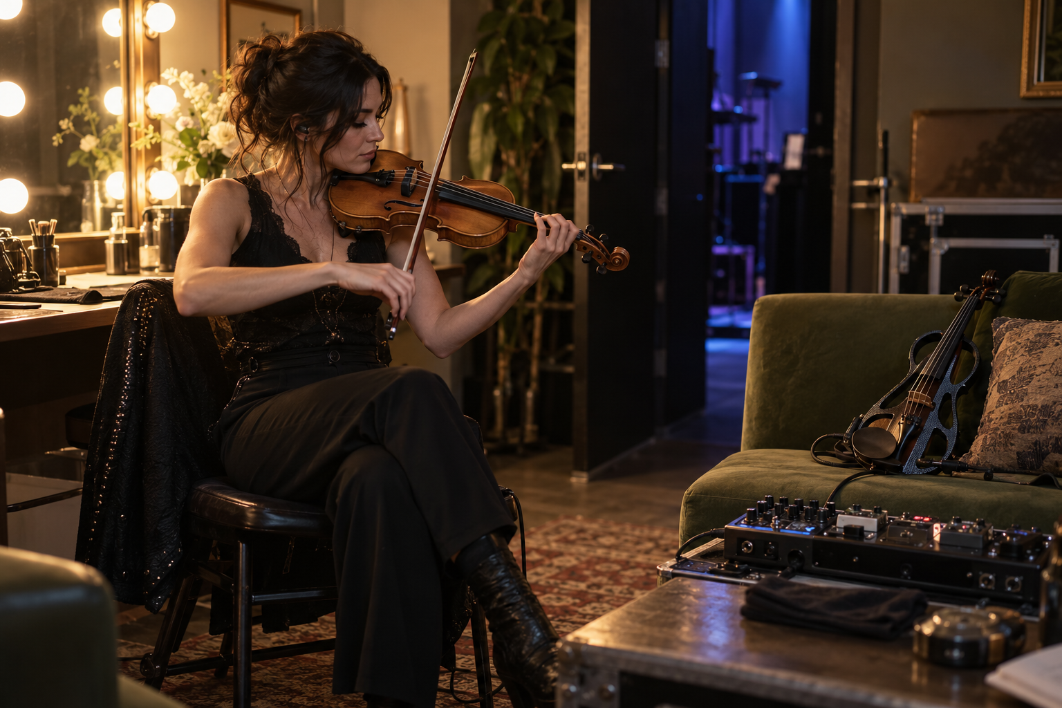 Electric violin сценичен артист прави тих backstage warmup с muted acoustic violin