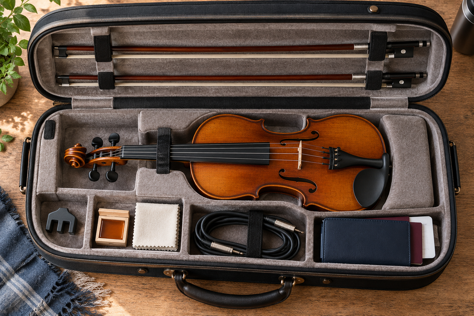 Отворен touring violin кейс с practice mute колофон кърпа кабел и travel аксесоари