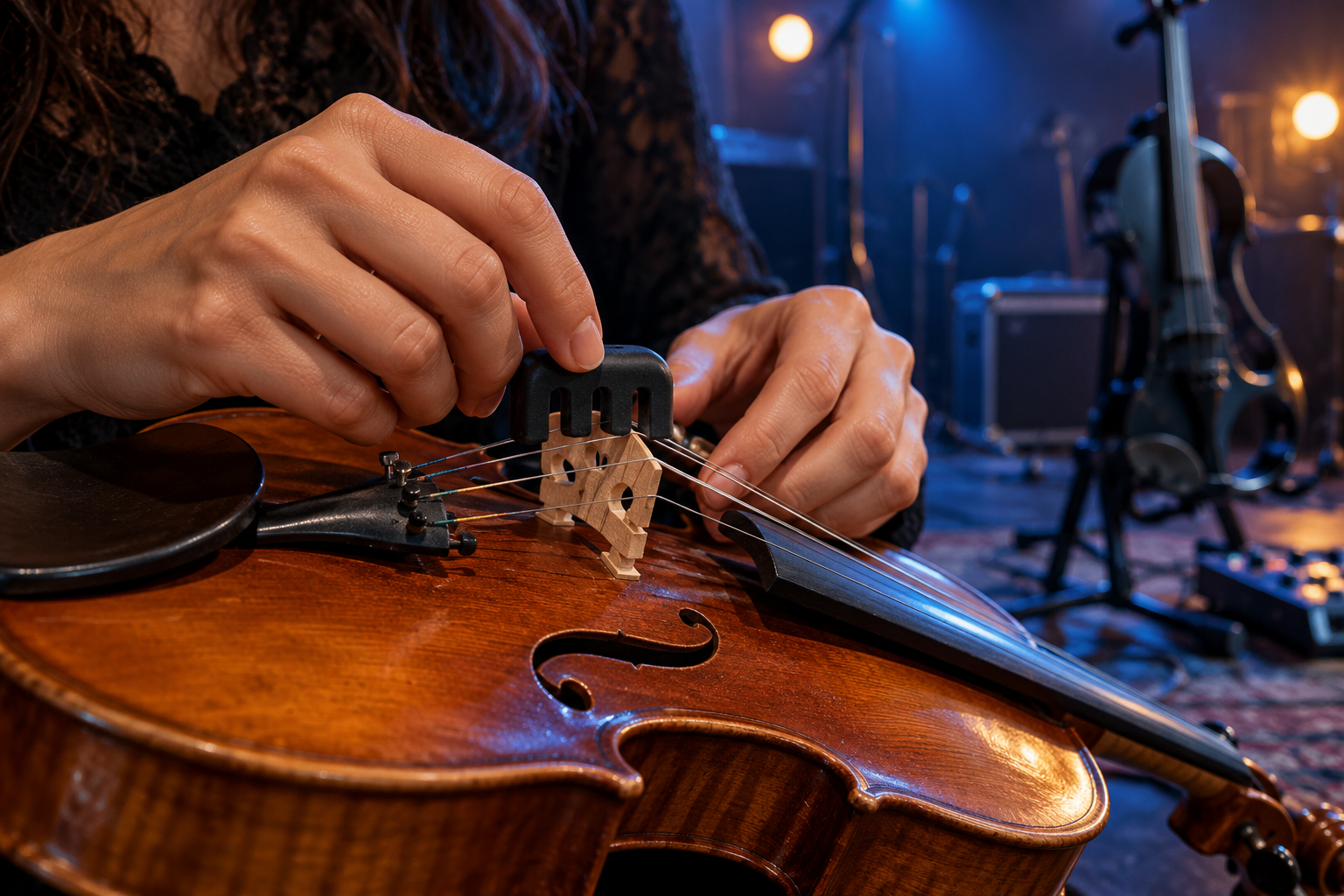 Изпълнител внимателно поставя черен violin practice mute върху мостче преди soundcheck