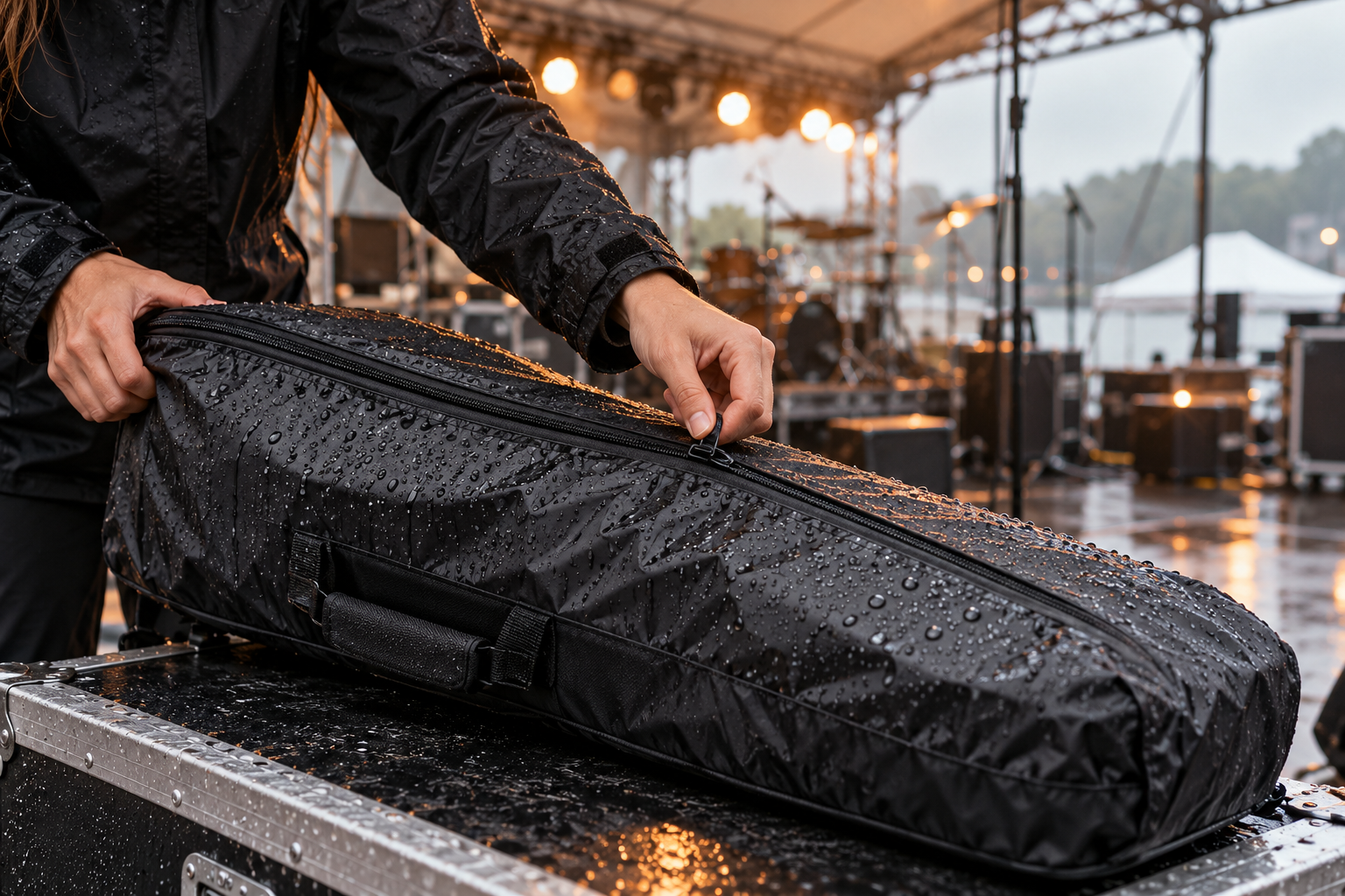 Близък кадър на водоустойчиво покритие, което се затваря около кейс на electric violin на outdoor soundcheck