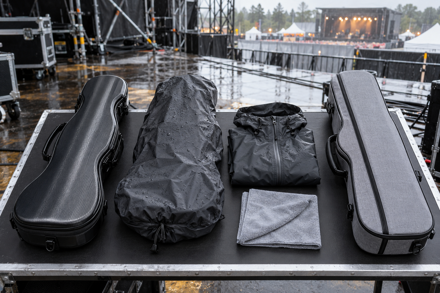 Подреден touring kit за outdoor концерт с кейс за electric violin rain cover и weather-ready аксесоари