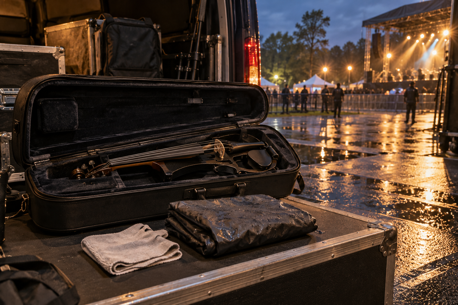 Сух кейс на electric violin и сгънат rain cover се прибират в touring vehicle след outdoor концерт