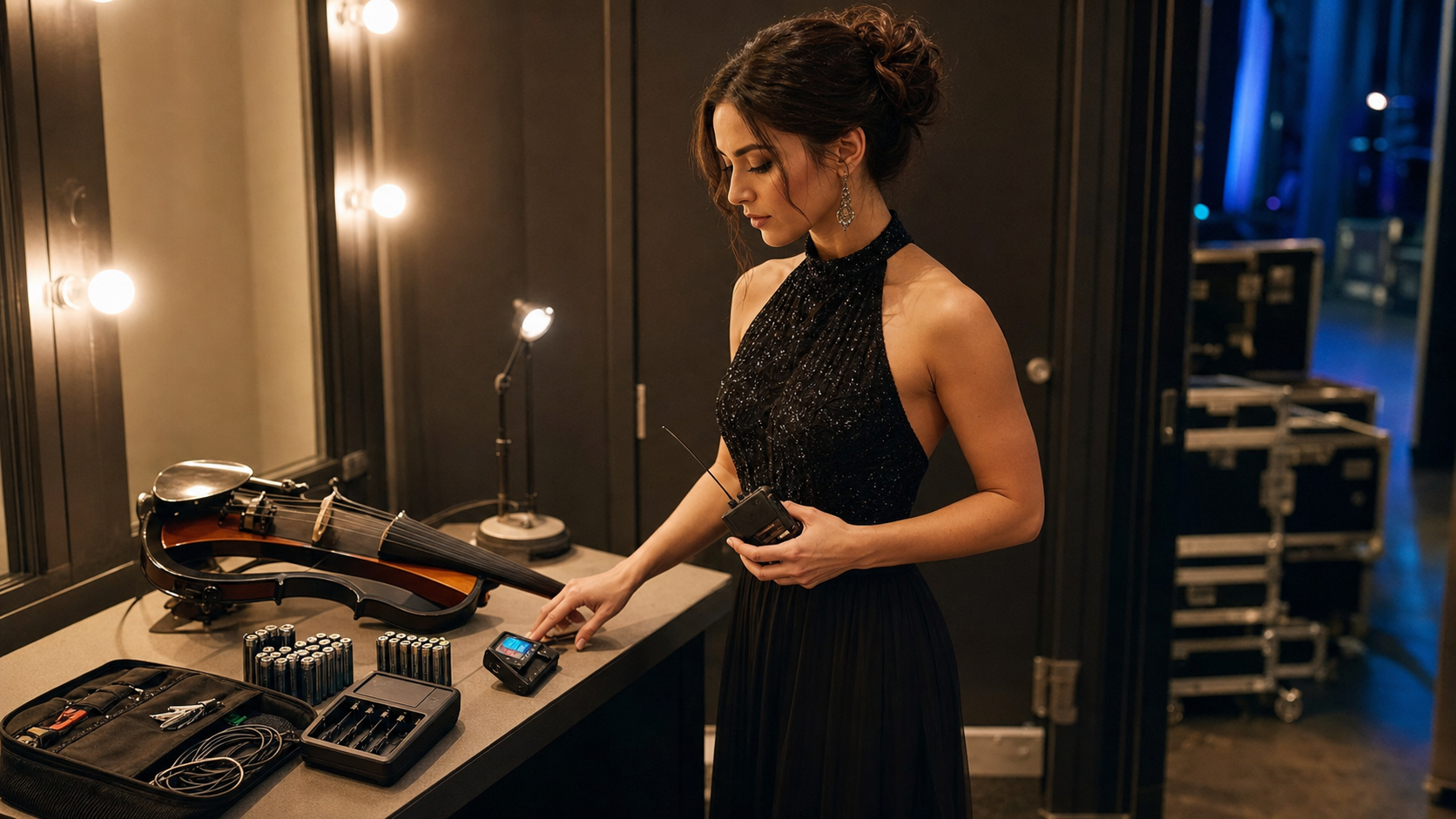 Electric violin изпълнител backstage до презареждаеми AA и AAA батерии, smart charger, wireless pack и подредени сценични аксесоари преди концерт