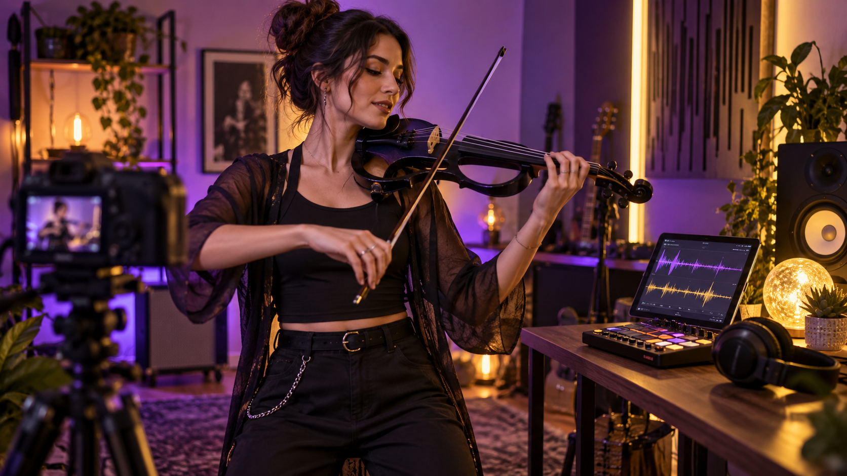 Electric violin content creator снима performance reel с компактен rhythm machine и camera