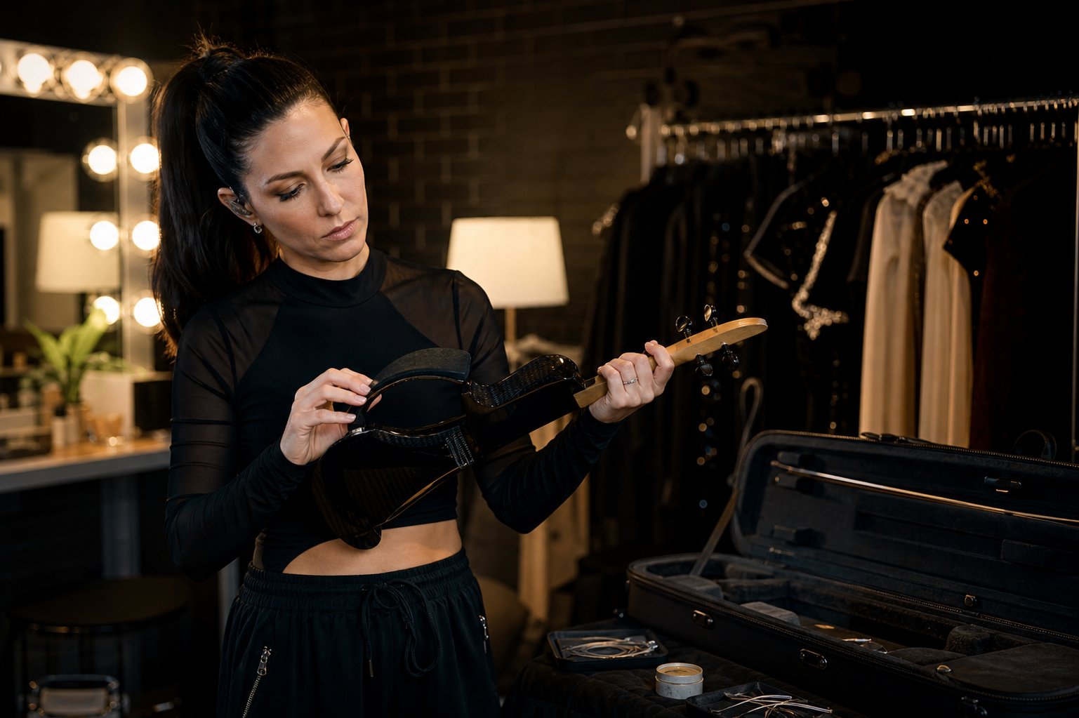 Backstage electric violin performer adjusting a shoulder rest beside an open case before a concert