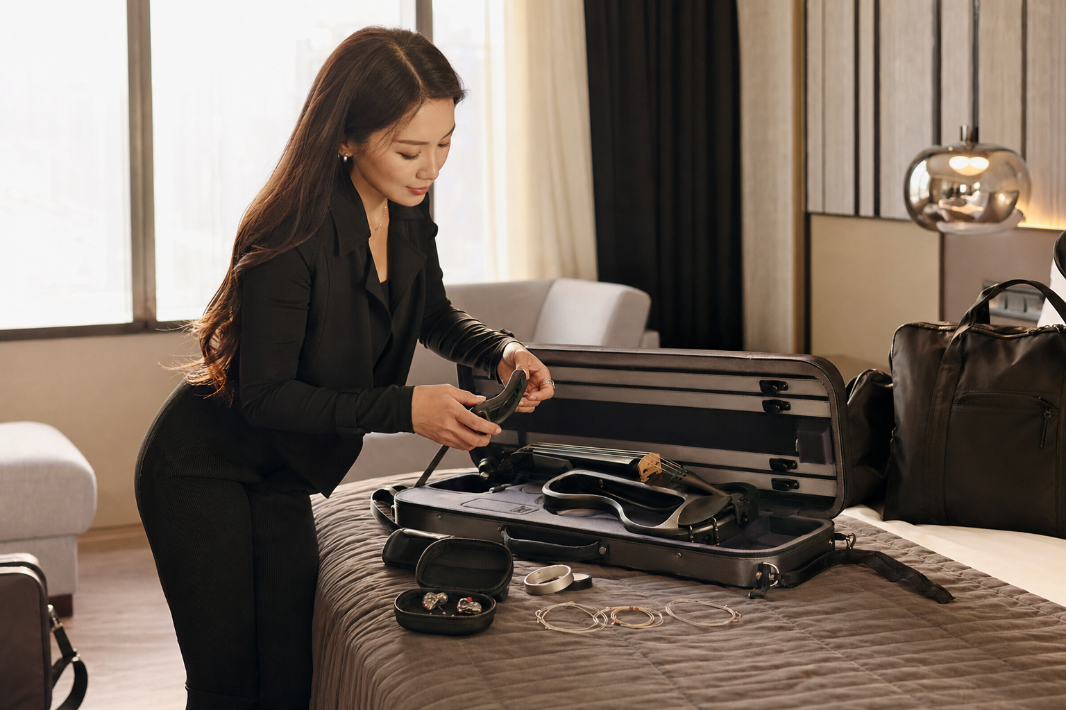 Electric violin performer packing a compact shoulder rest and travel case before a fly-date performance