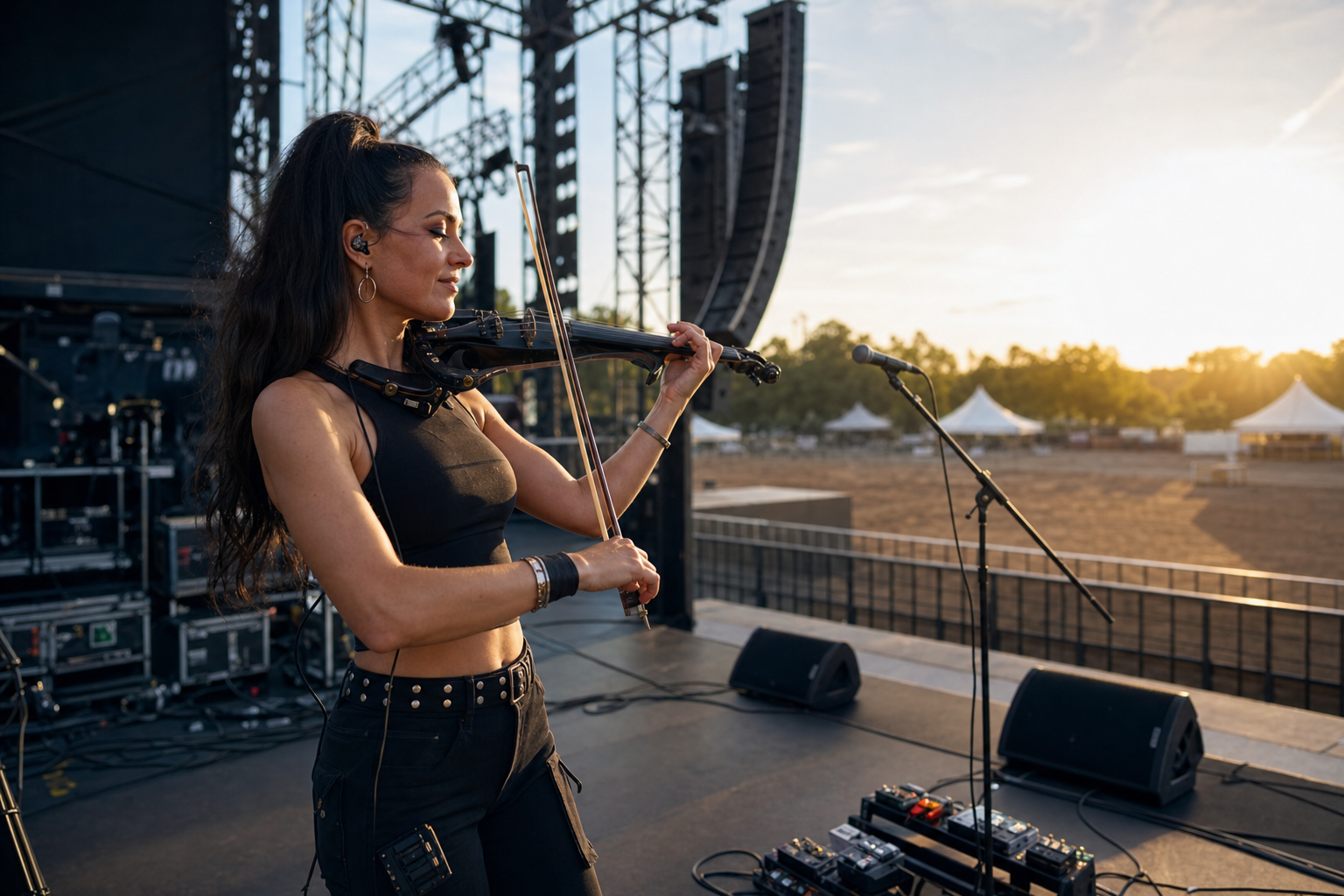 Electric violin performer during outdoor festival soundcheck with a stable shoulder rest setup and stage gear