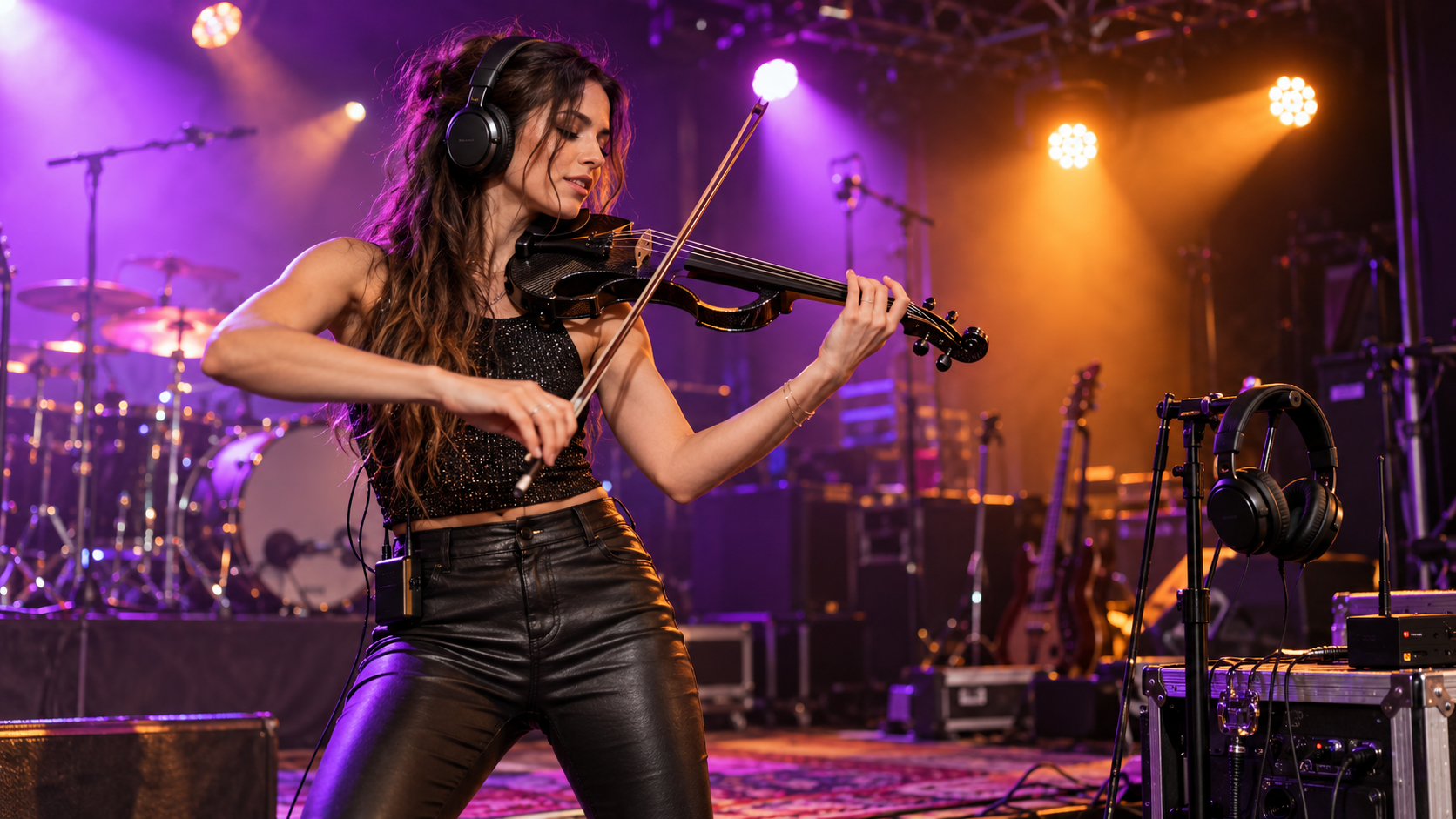 Electric violin artist с wireless headphones по време на stage soundcheck