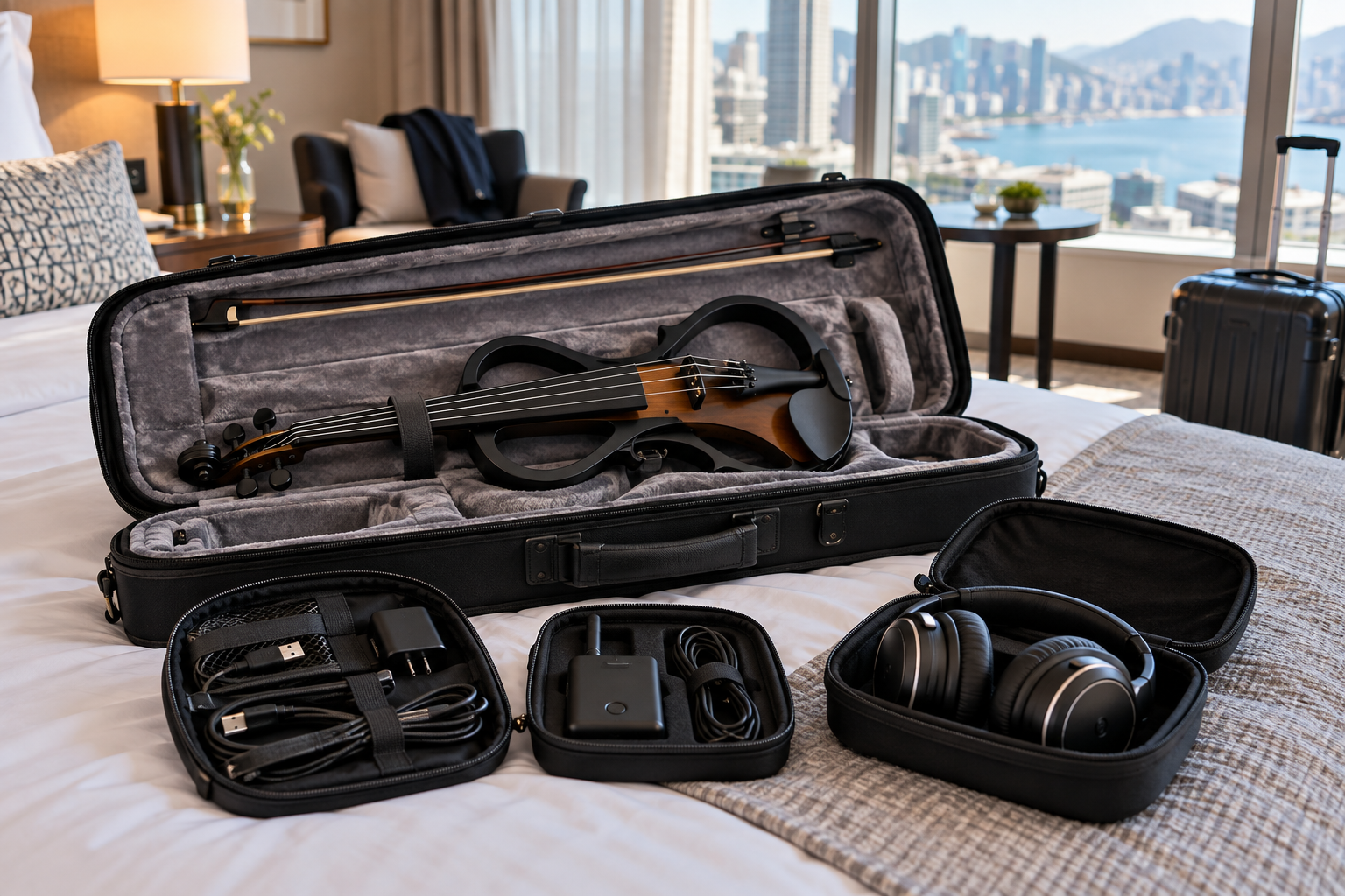 Travel-ready electric violin case със silent disco headphone kit