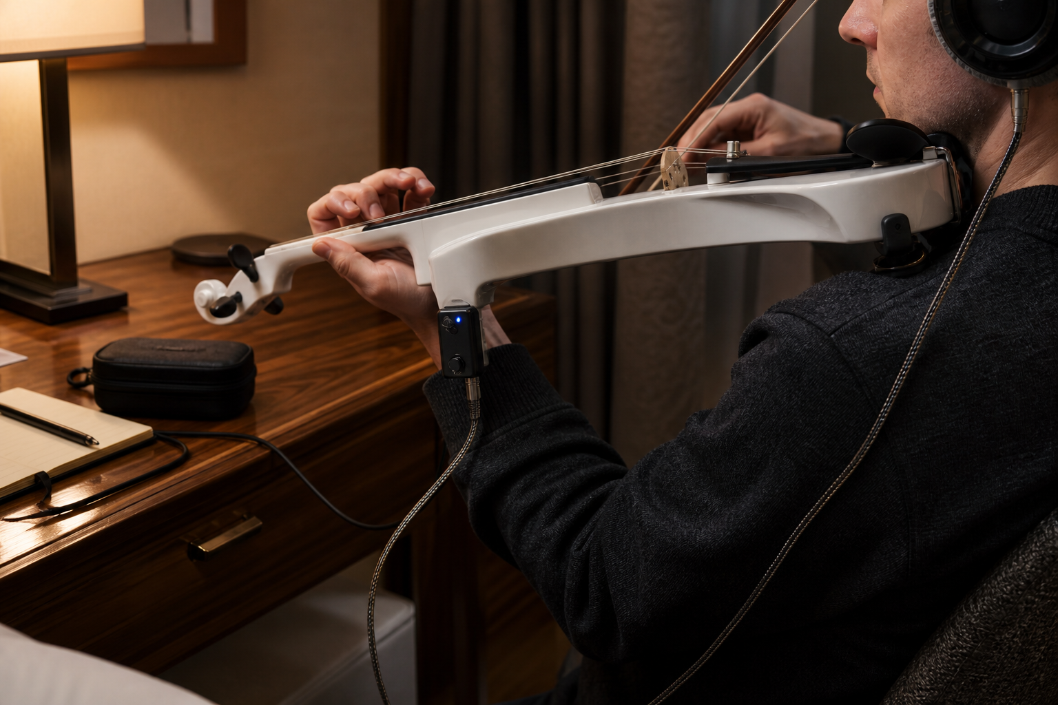 Close-up of an electric violinist in a hotel room using wired headphones and a tiny plug-in practice amp for silent warmup