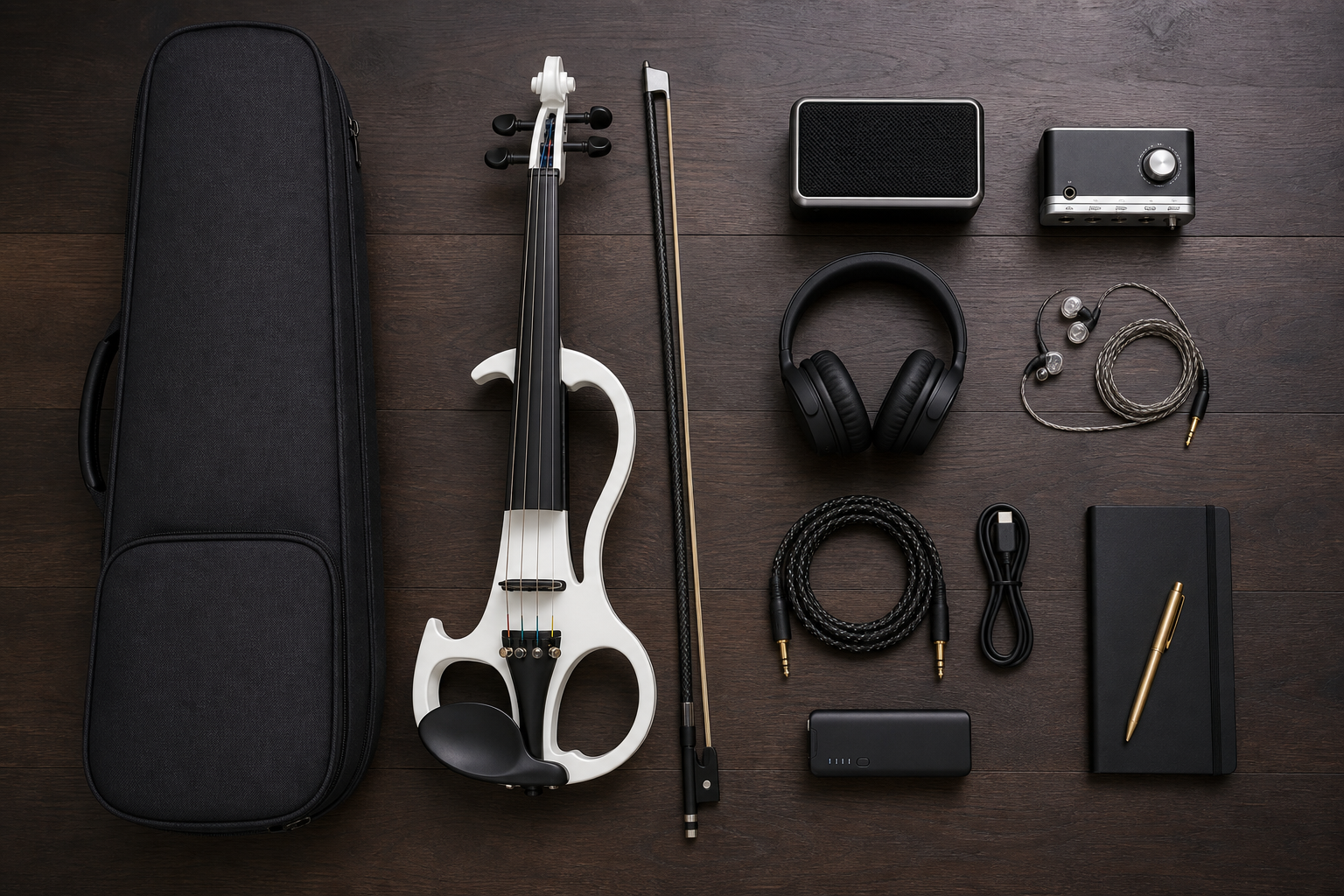 Top-down electric violin travel practice kit with white electric violin, compact mini amp, headphones, in-ear monitors, cables, and notebook