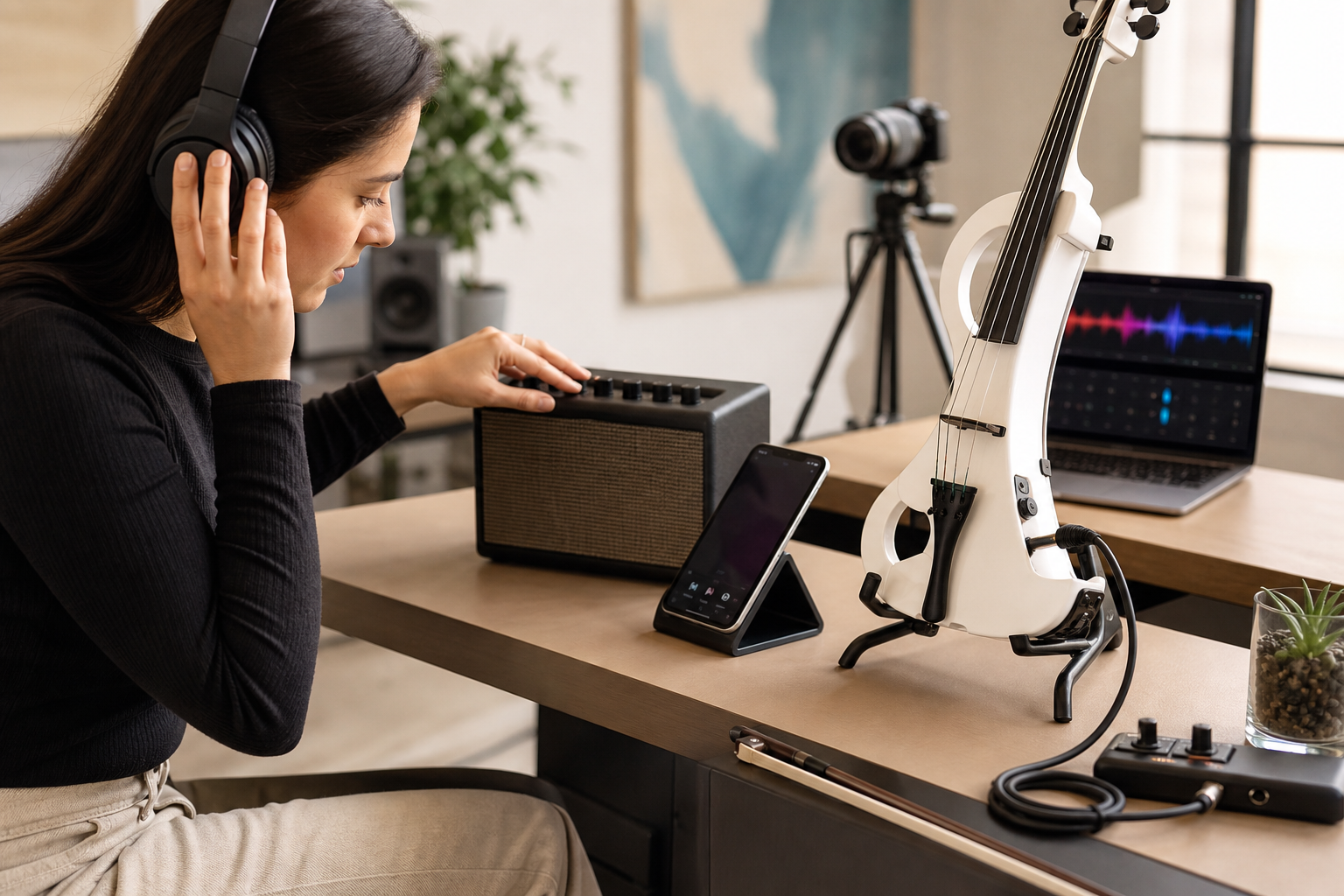 Electric violin content creator at a desk checking headphones and a compact desktop practice amp beside a white electric violin and camera