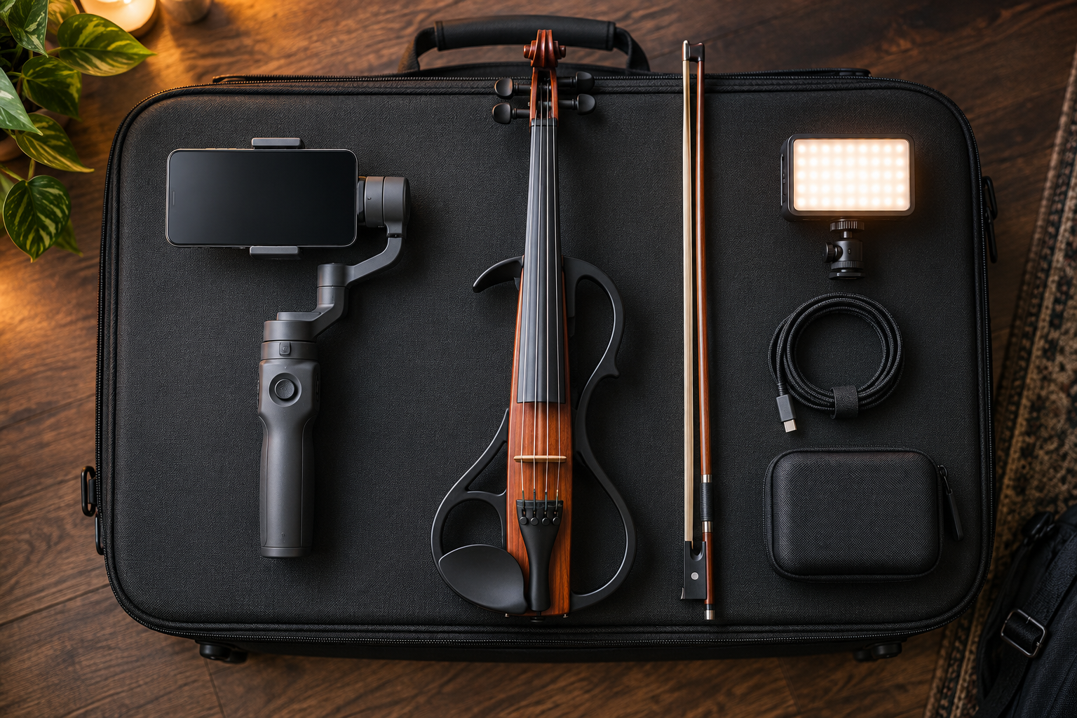 Electric violin travel kit with generic smartphone gimbal light cable and bow arranged on a case