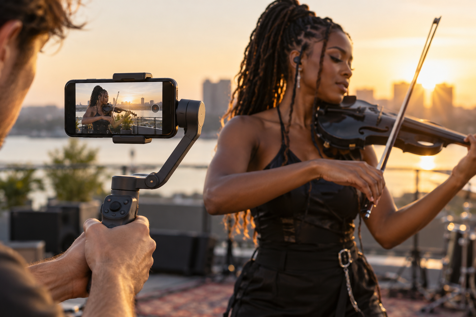 Generic smartphone gimbal filming an electric violin artist during an outdoor golden hour performance