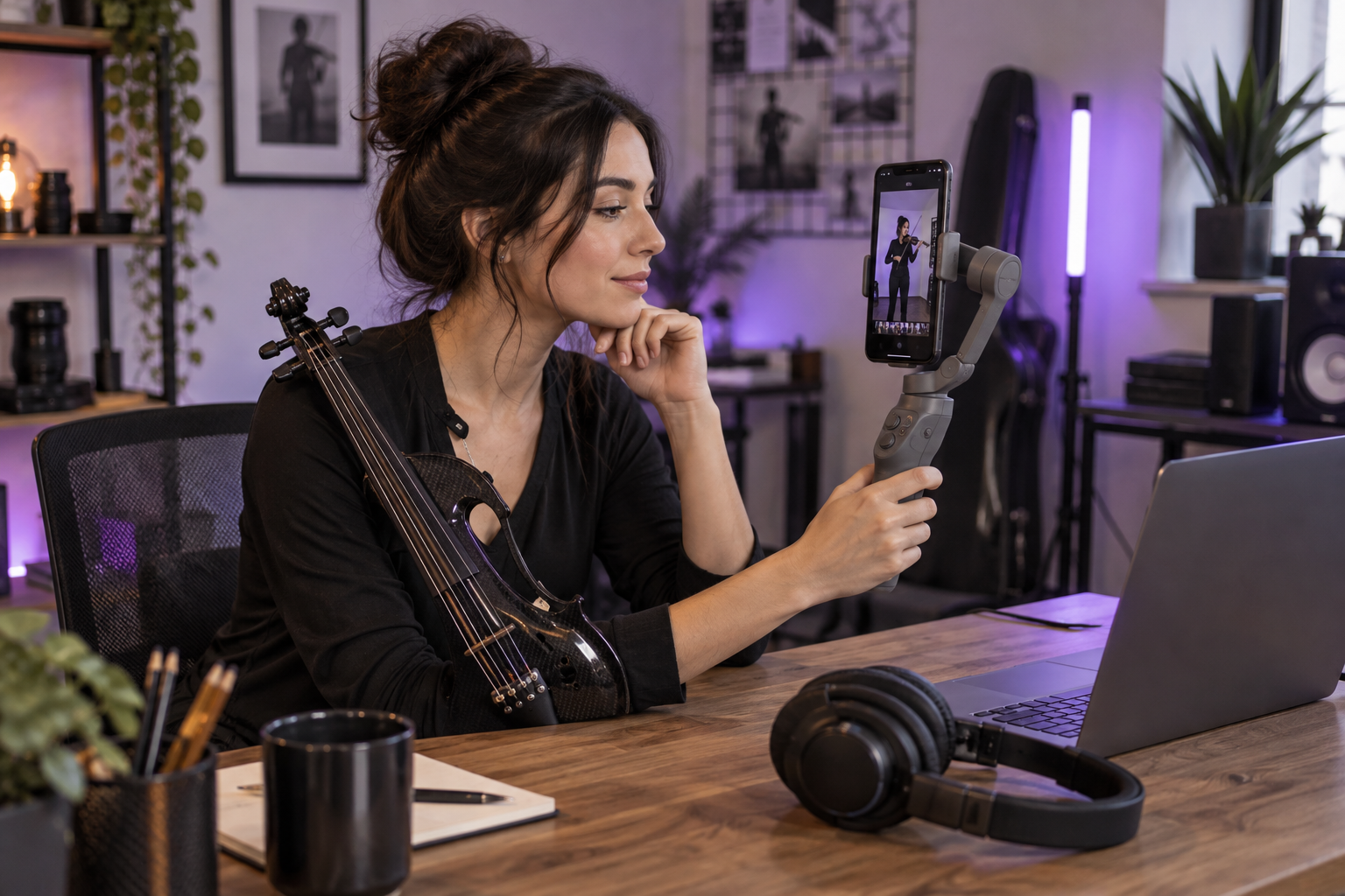 Electric violin content creator reviewing a generic smartphone gimbal beside a laptop in a video editing studio