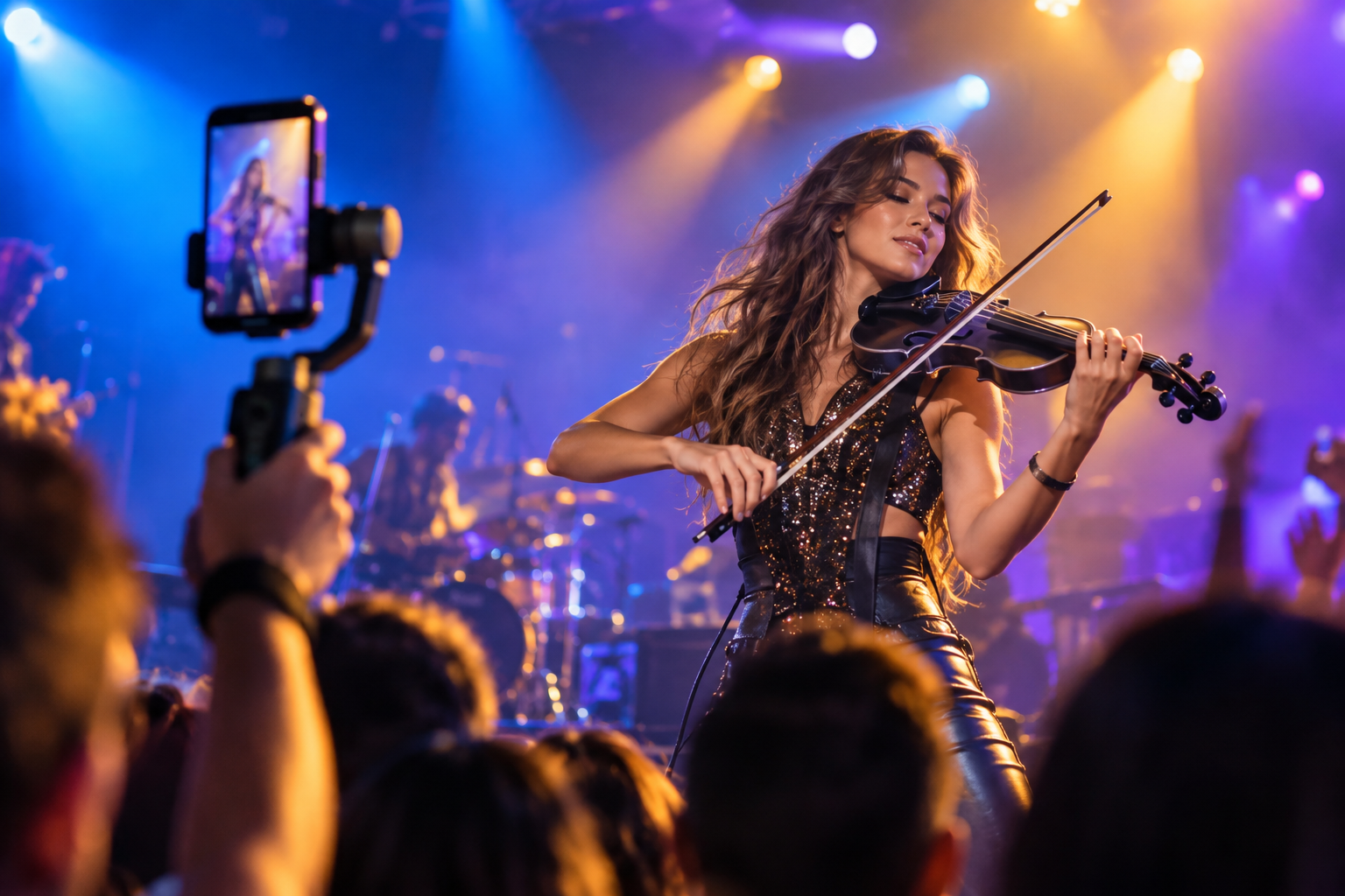 Electric violin stage artist performing while a generic smartphone gimbal records a colorful concert video