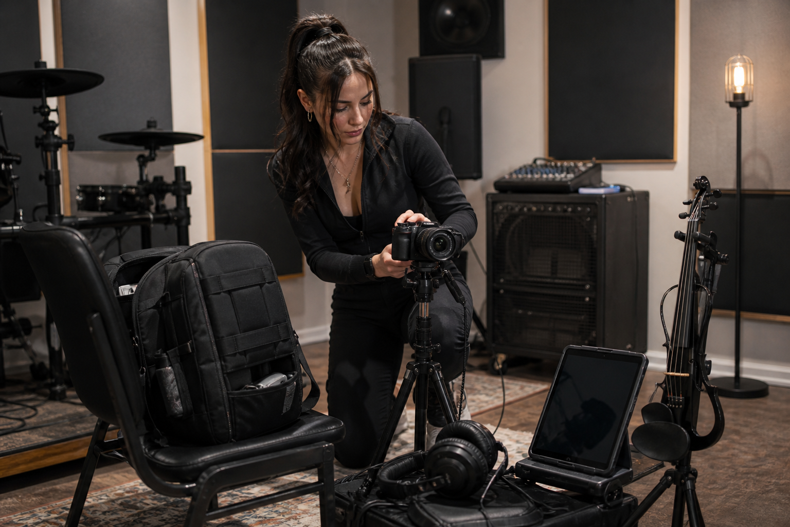 Electric violin content creator настройва камера на tripod до раница таблет слушалки и електрическа цигулка в репетиционна стая