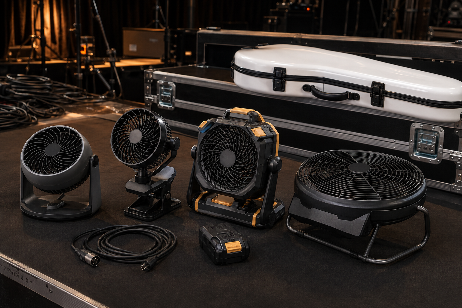 Compact air circulators and rechargeable stage fans arranged beside a white electric violin travel case