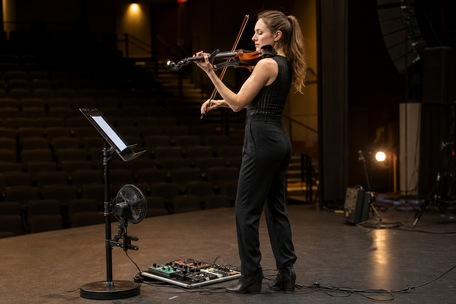 Electric violinist soundchecking with a compact clamp fan secured below waist height beside the stage rig